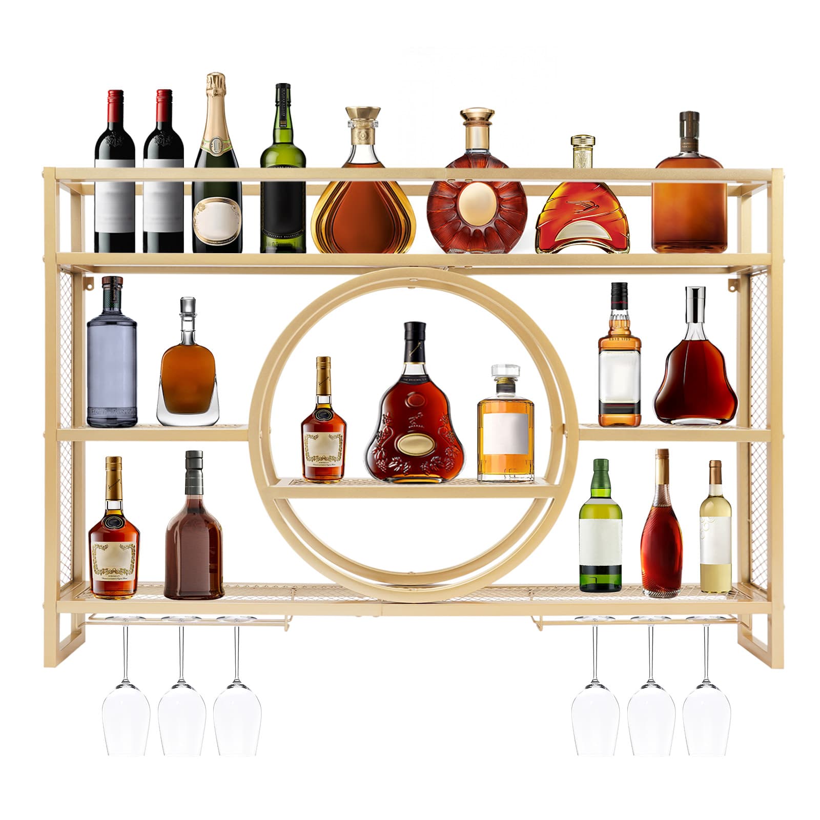 Weinschrank-Präsentationsregal zur Wandmontage, abnehmbar, 120 x 15 x 80 cm, goldfarben, Weinregal zur Wandmontage, Weinflaschen- und Weinglasregal