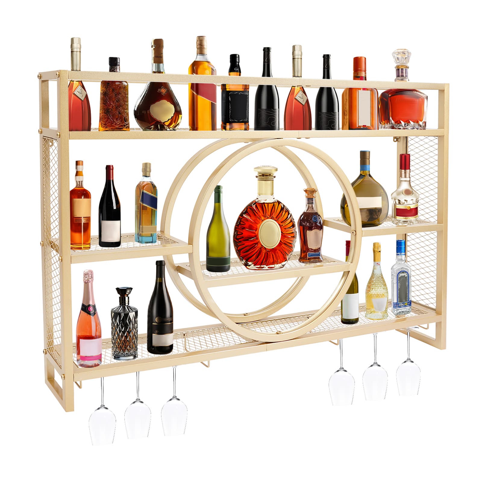Weinschrank-Präsentationsregal zur Wandmontage, abnehmbar, 120 x 15 x 80 cm, goldfarben, Weinregal zur Wandmontage, Weinflaschen- und Weinglasregal