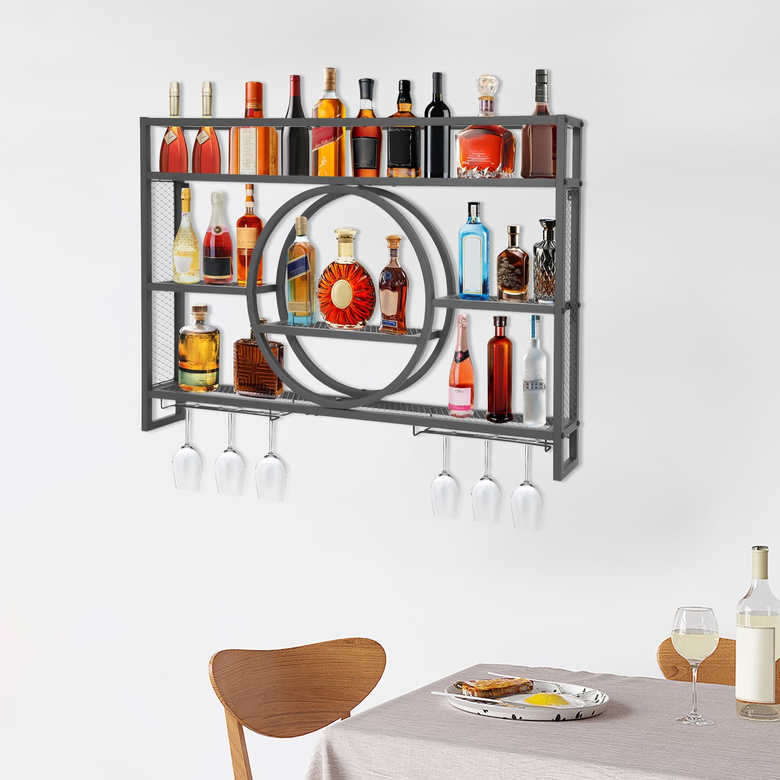 Weinschrank-Präsentationsregal zur Wandmontage, abnehmbar, 120 x 15 x 80 cm, schwarz, Weinregal zur Wandmontage, Weinflaschen- und Weinglasregal