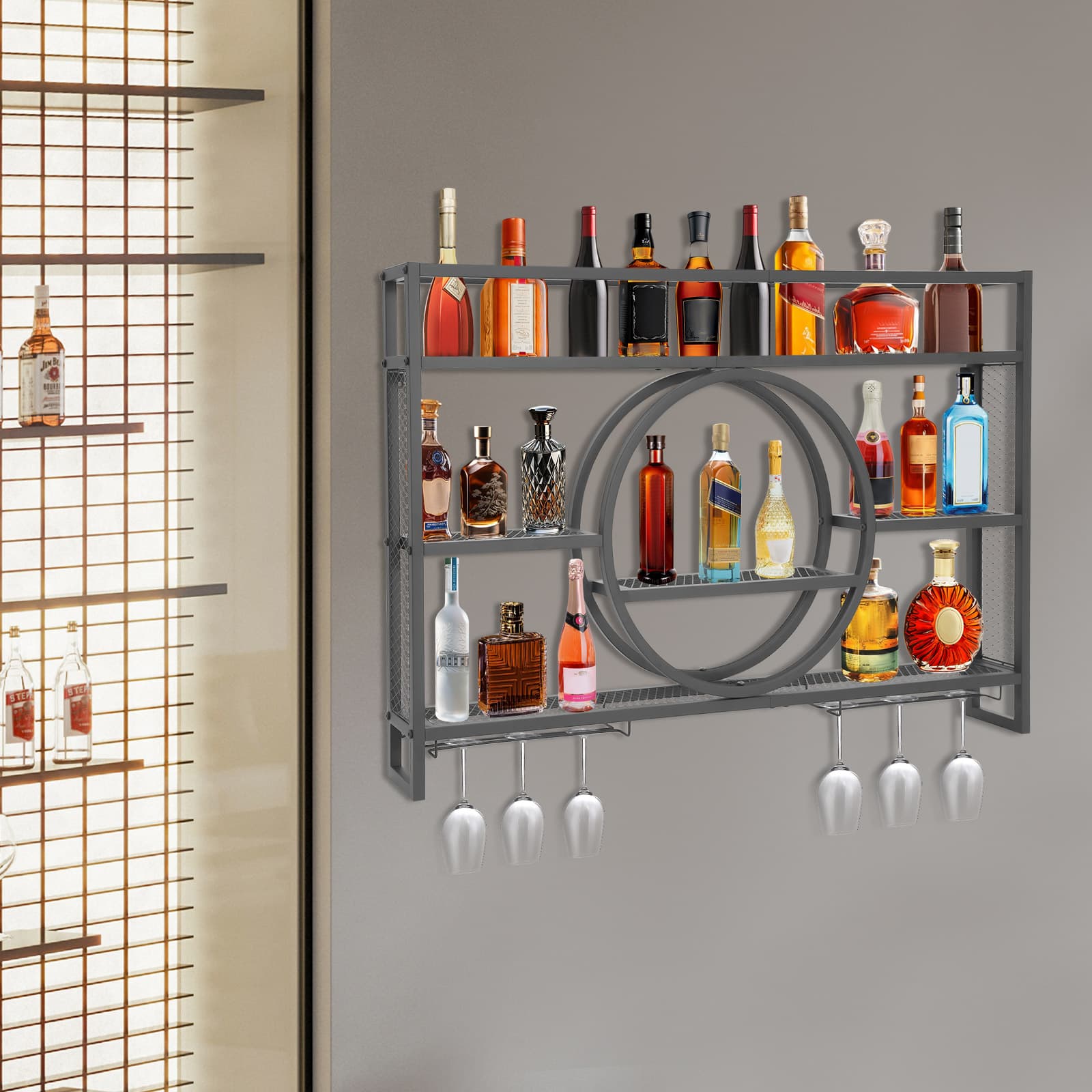 Weinschrank-Präsentationsregal zur Wandmontage, abnehmbar, 120 x 15 x 80 cm, schwarz, Weinregal zur Wandmontage, Weinflaschen- und Weinglasregal