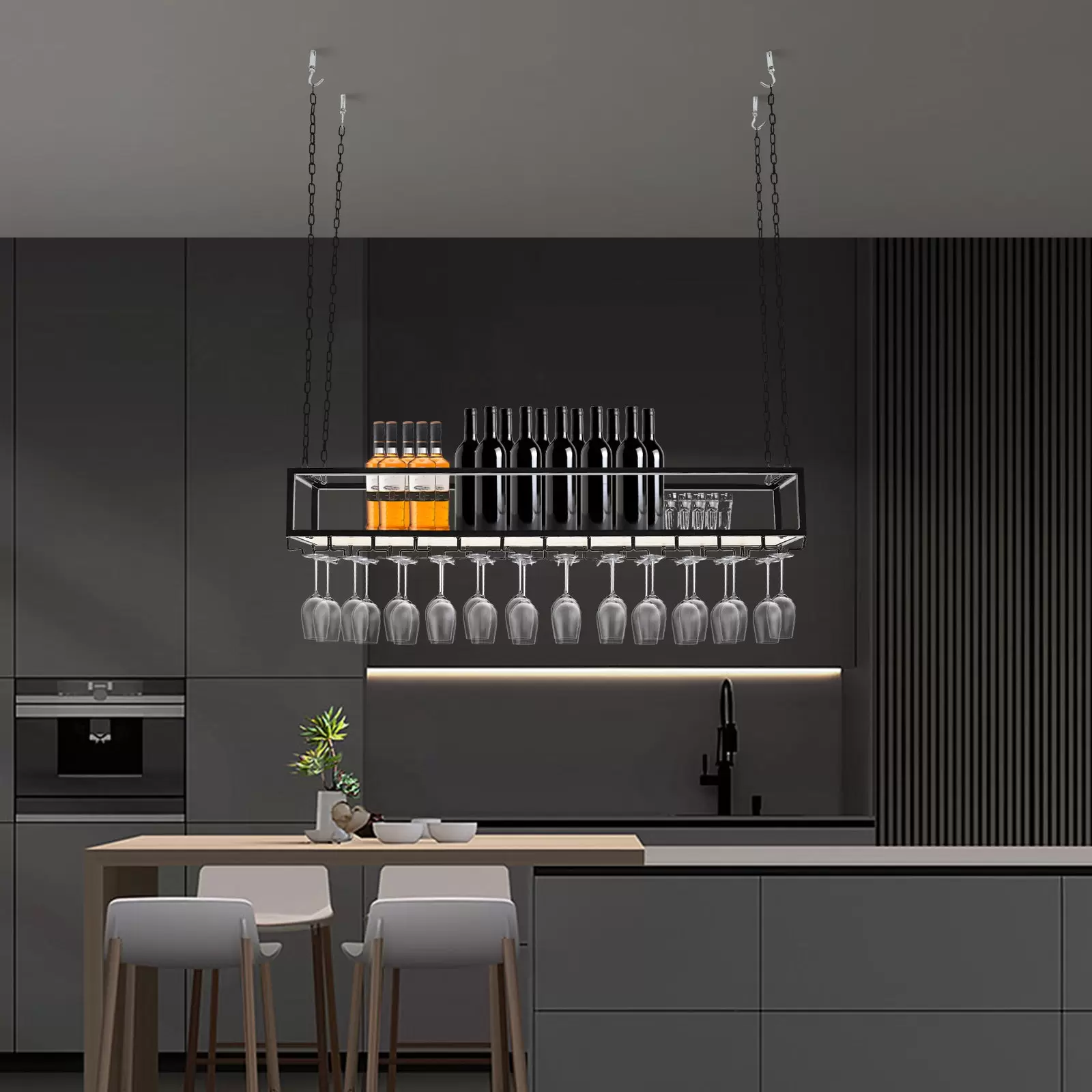 Verstellbares, industrielles Weinglasregal zum Aufhängen, mit Glashalter und Ablage für die Küchenbar (120 cm)