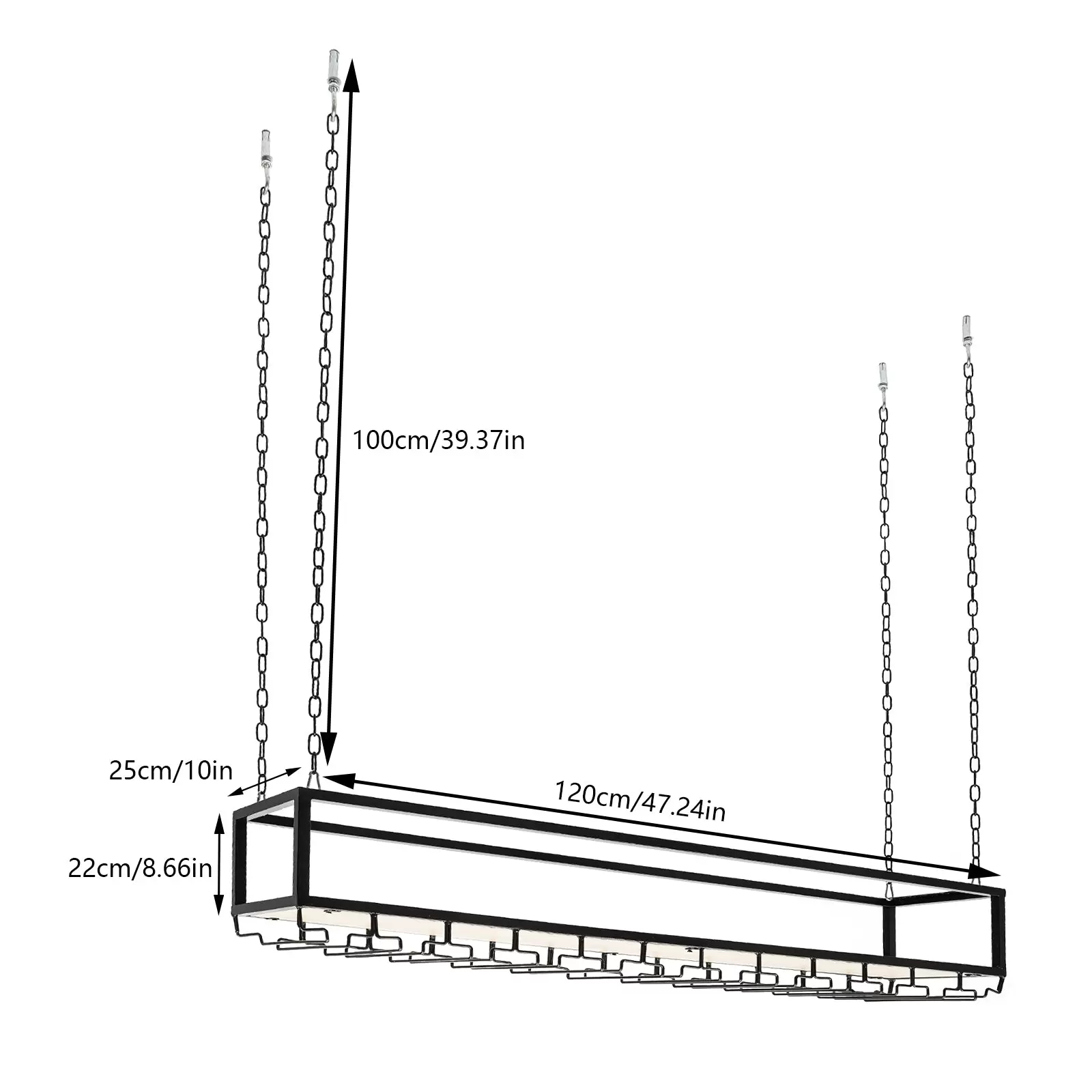 Verstellbares, industrielles Weinglasregal zum Aufhängen, mit Glashalter und Ablage für die Küchenbar (120 cm)