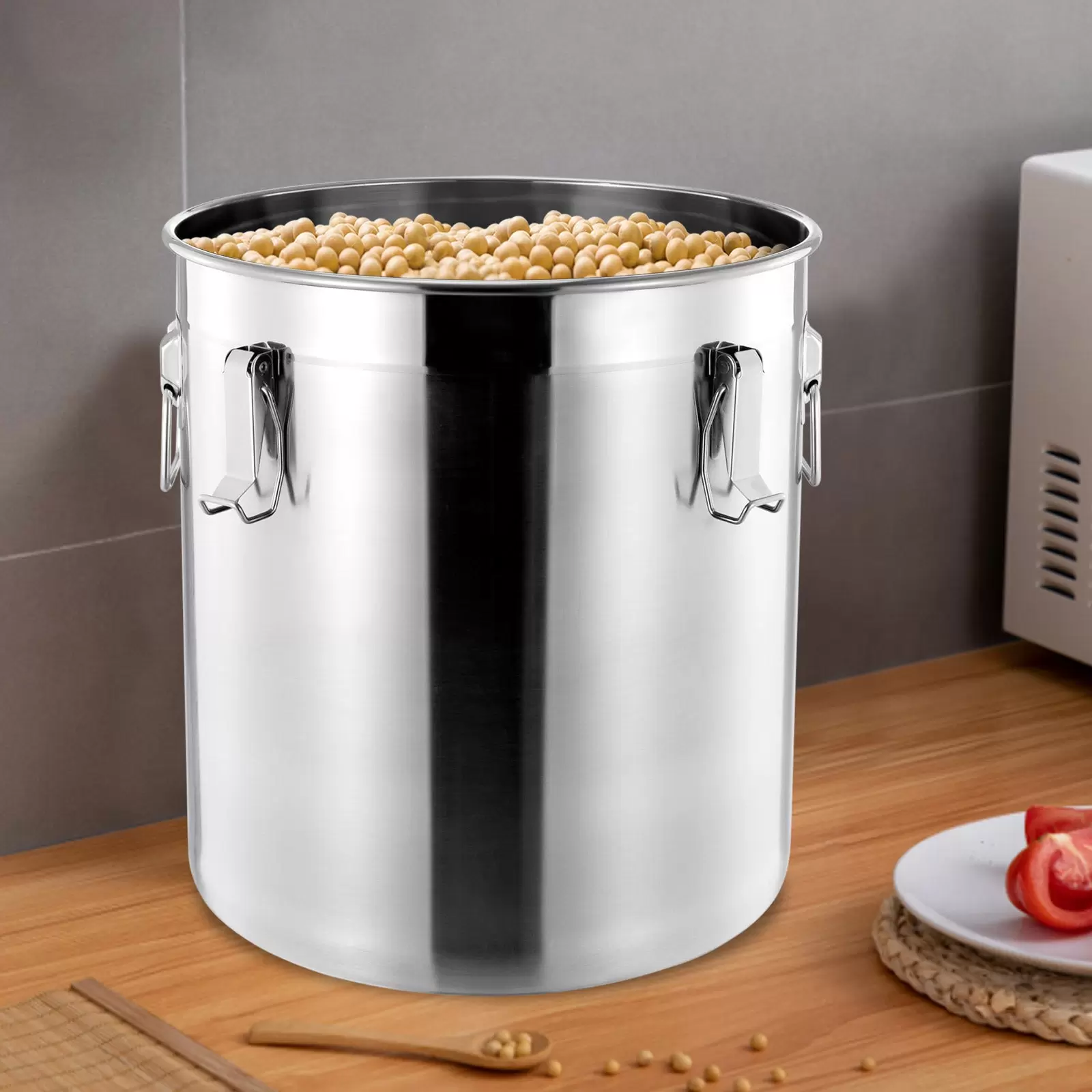 Luftdichter Küchenbehälter 48L 304 Edelstahl Müsli Mehlbehälter mit 4 Verschlussklammern Silber