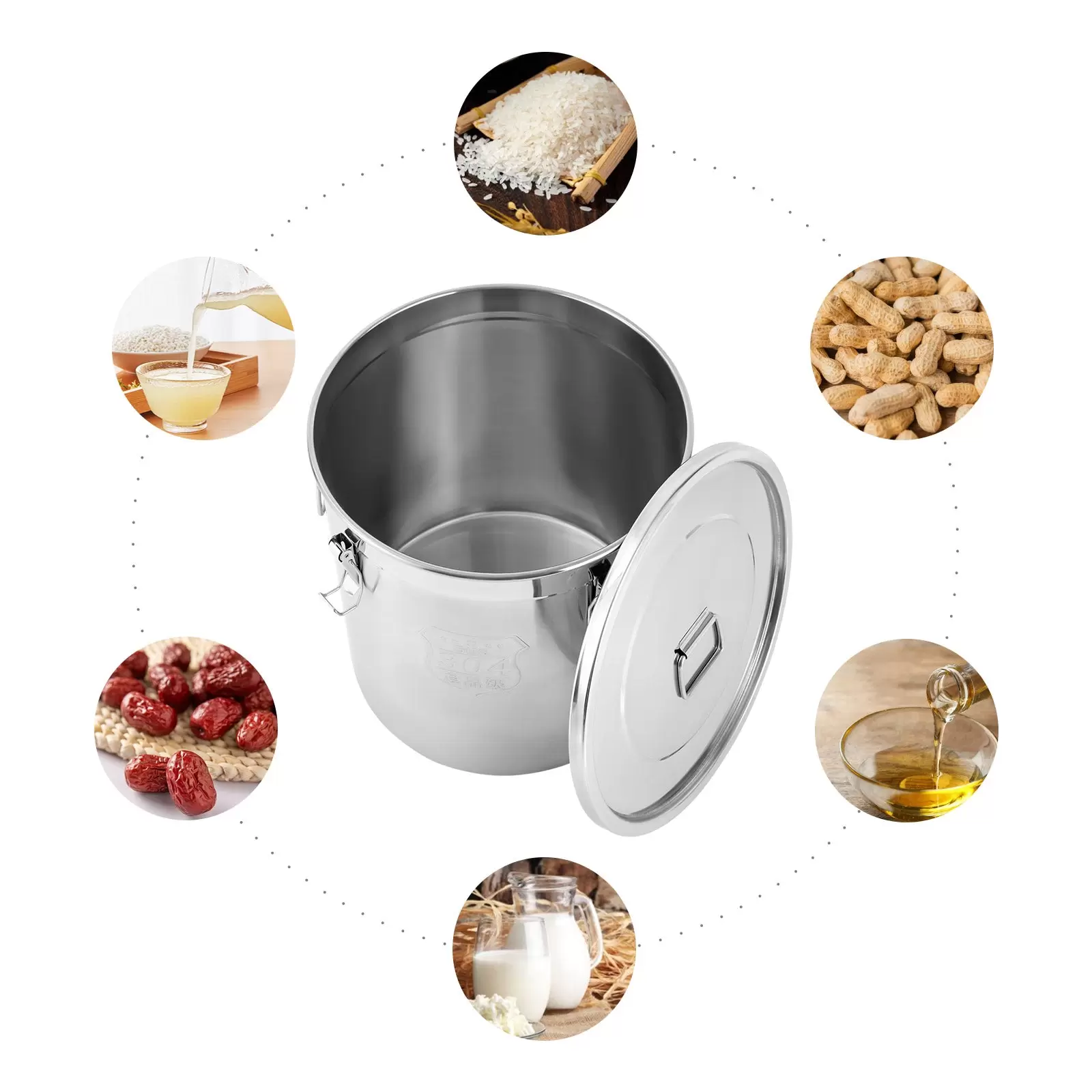 Luftdichter Küchenbehälter 48L 304 Edelstahl Müsli Mehlbehälter mit 4 Verschlussklammern Silber
