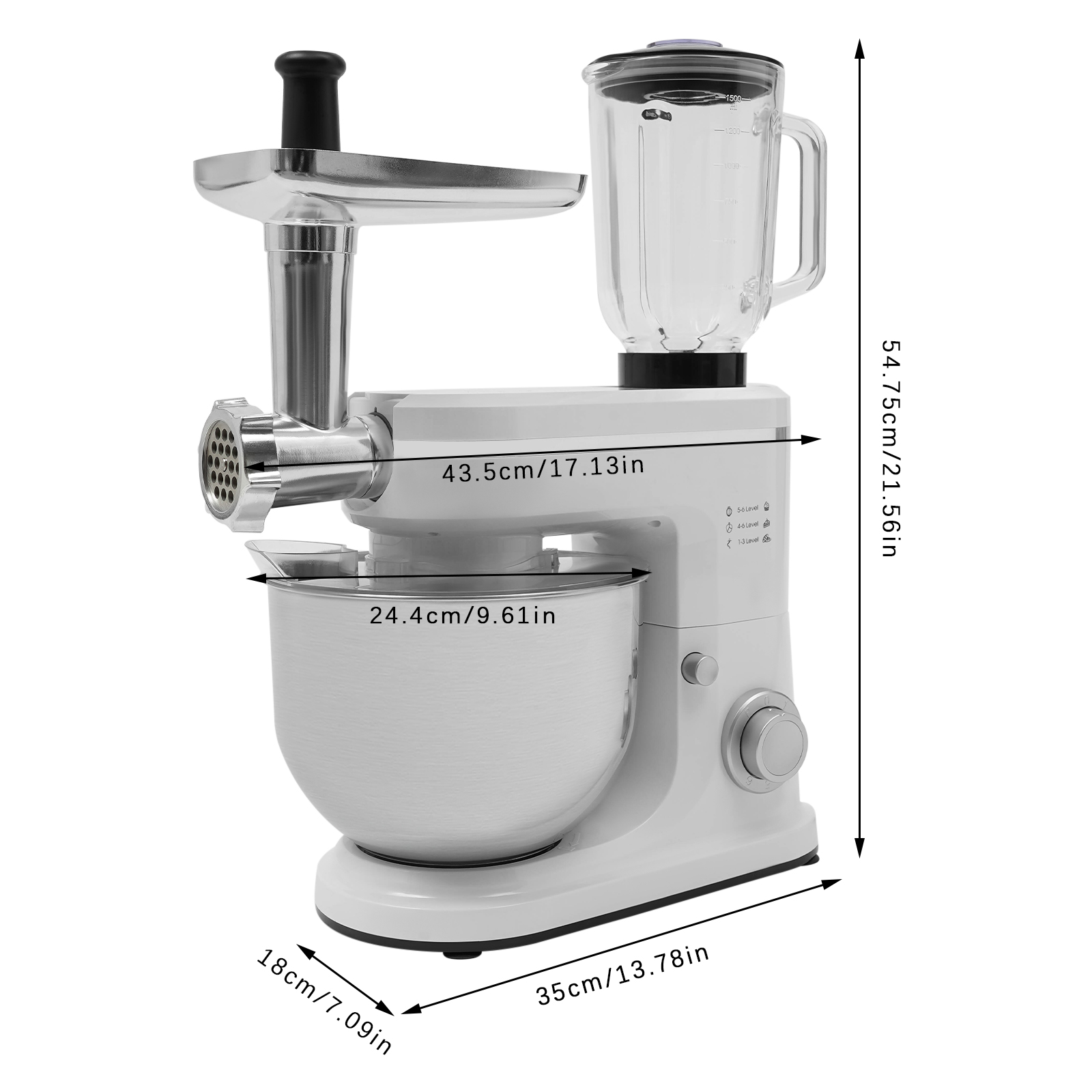 Teigmixer, Fleischwolf, Standmixer, 1500 W, Edelstahl, 6 l, weiß, 6 + 1 Geschwindigkeitsoptionen