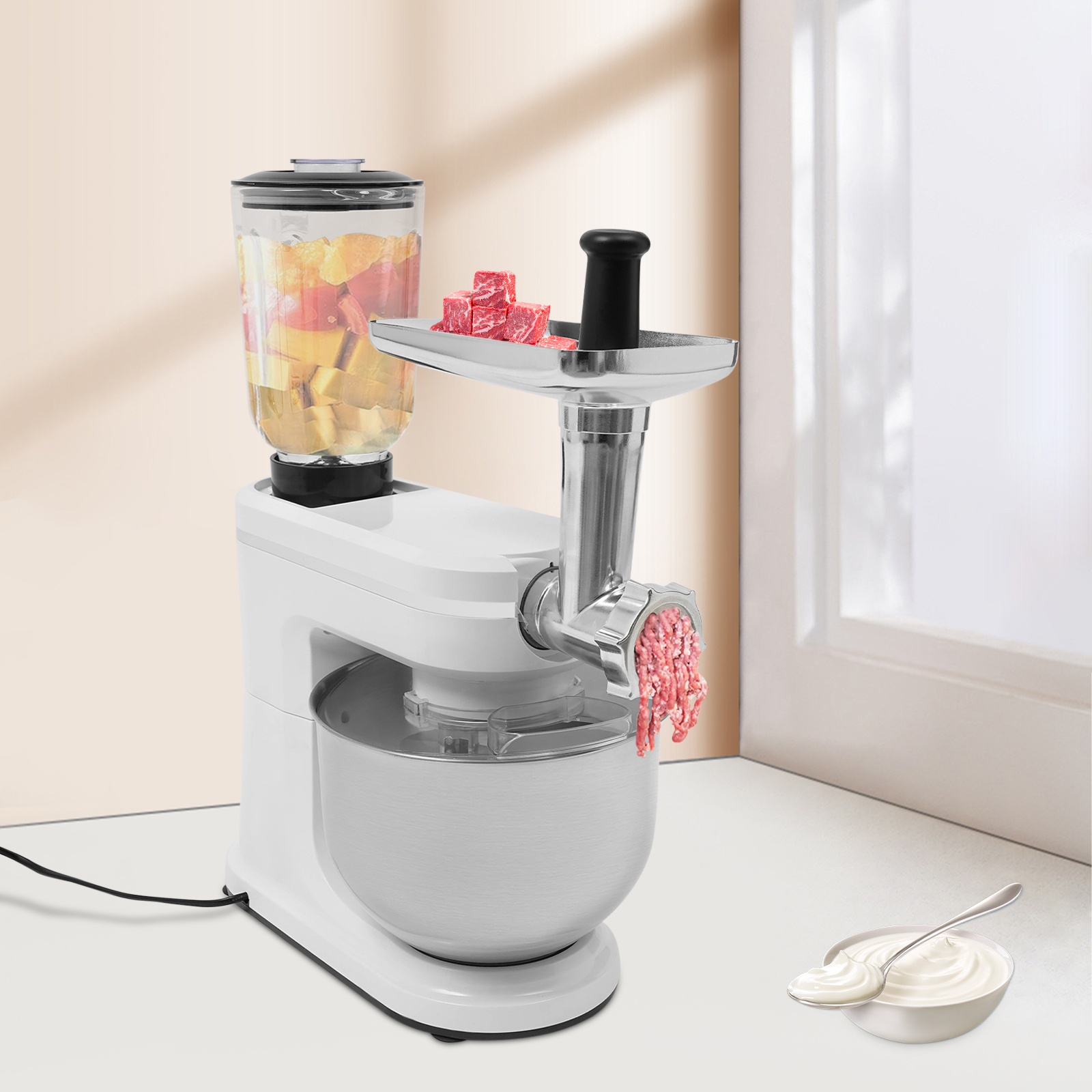 Teigmixer, Fleischwolf, Standmixer, 1500 W, Edelstahl, 6 l, weiß, 6 + 1 Geschwindigkeitsoptionen