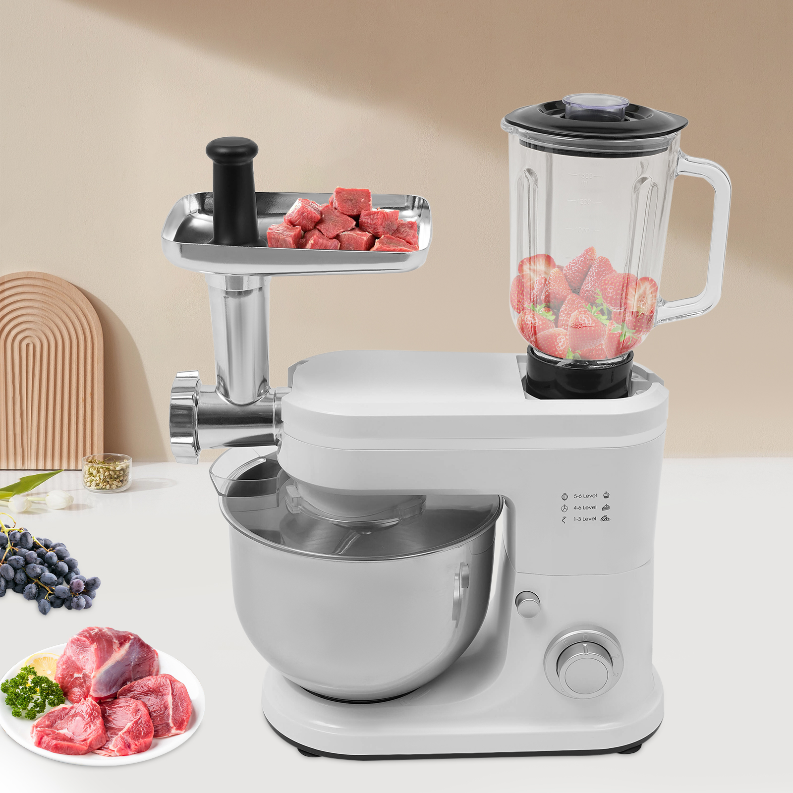 Teigmixer, Fleischwolf, Standmixer, 1500 W, Edelstahl, 6 l, weiß, 6 + 1 Geschwindigkeitsoptionen