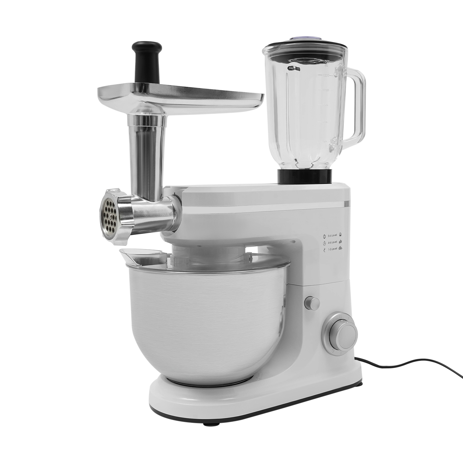 Teigmixer, Fleischwolf, Standmixer, 1500 W, Edelstahl, 6 l, weiß, 6 + 1 Geschwindigkeitsoptionen