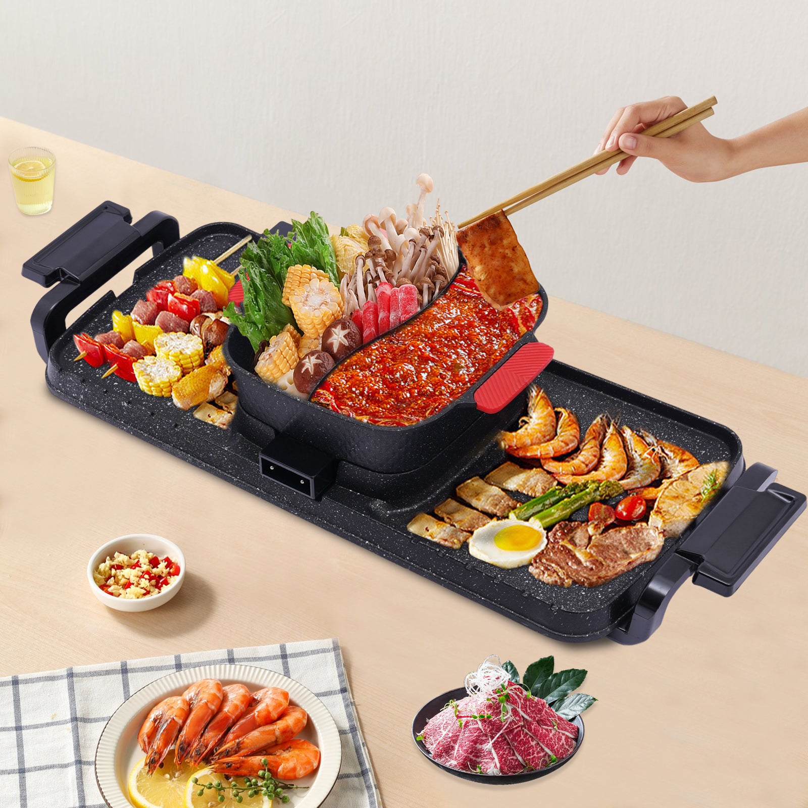 Barbecue Hot Pot 2 in 1, Koreanischer Indoor-BBQ mit Doppelsteuerung, Hot Pot mit Grill, multifunktionaler rauchfreier tragbarer Herd