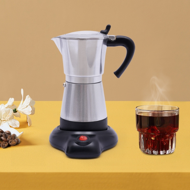 480W elektrische silbere Moka-Kaffeemaschine aus Aluminiumlegierung mit Sockel, kann sechs Tassen gleichzeitig zubereiten