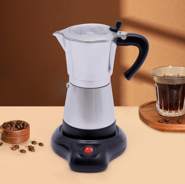 480W elektrische silbere Moka-Kaffeemaschine aus Aluminiumlegierung mit Sockel, kann sechs Tassen gleichzeitig zubereiten