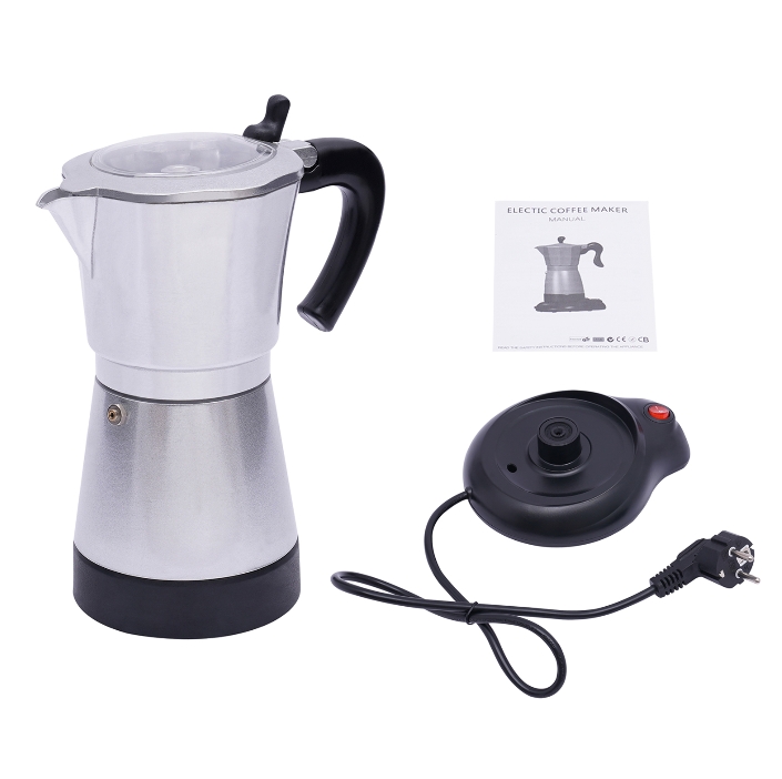 480W elektrische silbere Moka-Kaffeemaschine aus Aluminiumlegierung mit Sockel, kann sechs Tassen gleichzeitig zubereiten