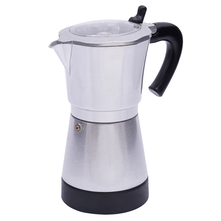 480W elektrische silbere Moka-Kaffeemaschine aus Aluminiumlegierung mit Sockel, kann sechs Tassen gleichzeitig zubereiten