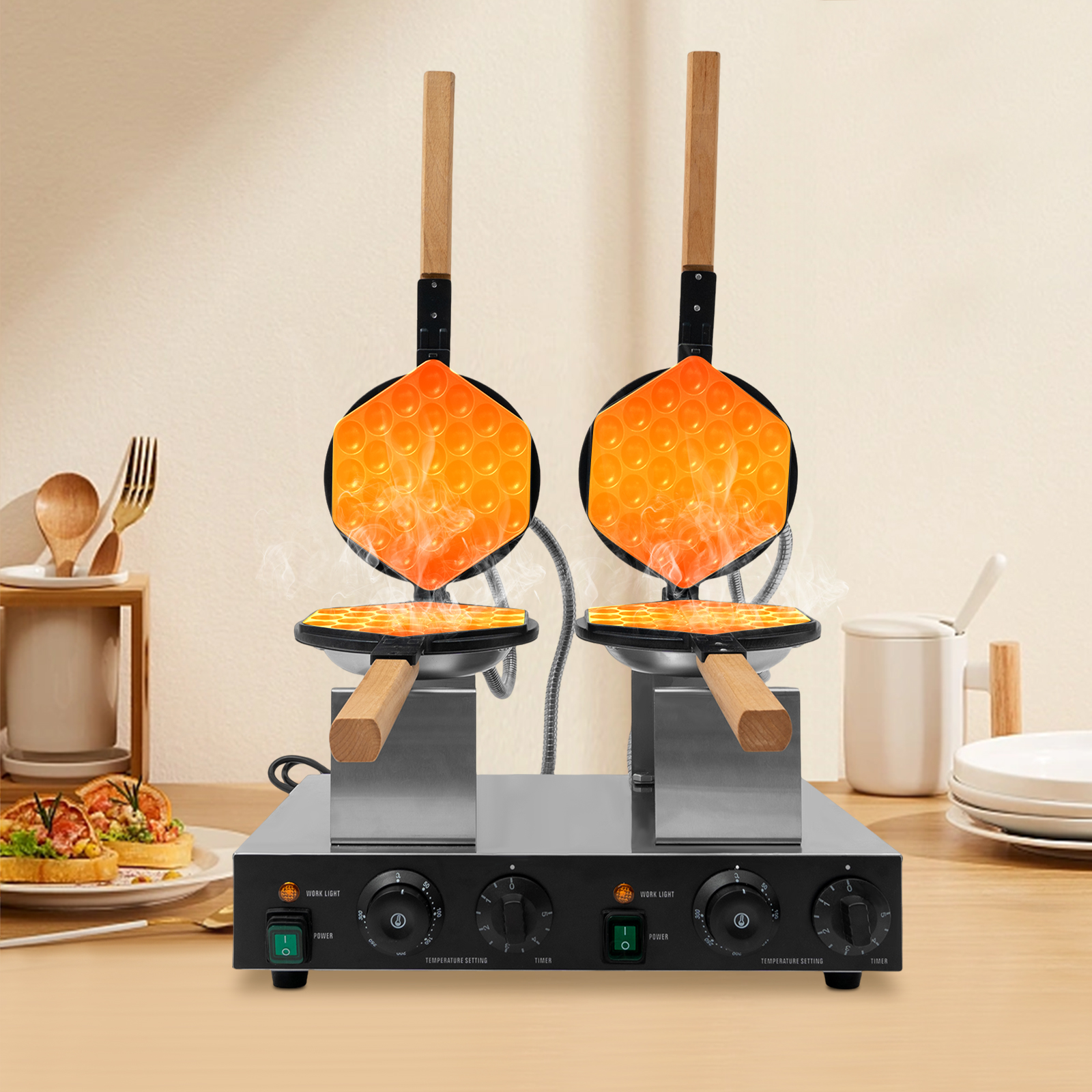 Doppelkopf-Waben-Eiwaffelmaschine, Kommerzielle Eiwaffelmaschine, Waffelmaschine aus Edelstahl