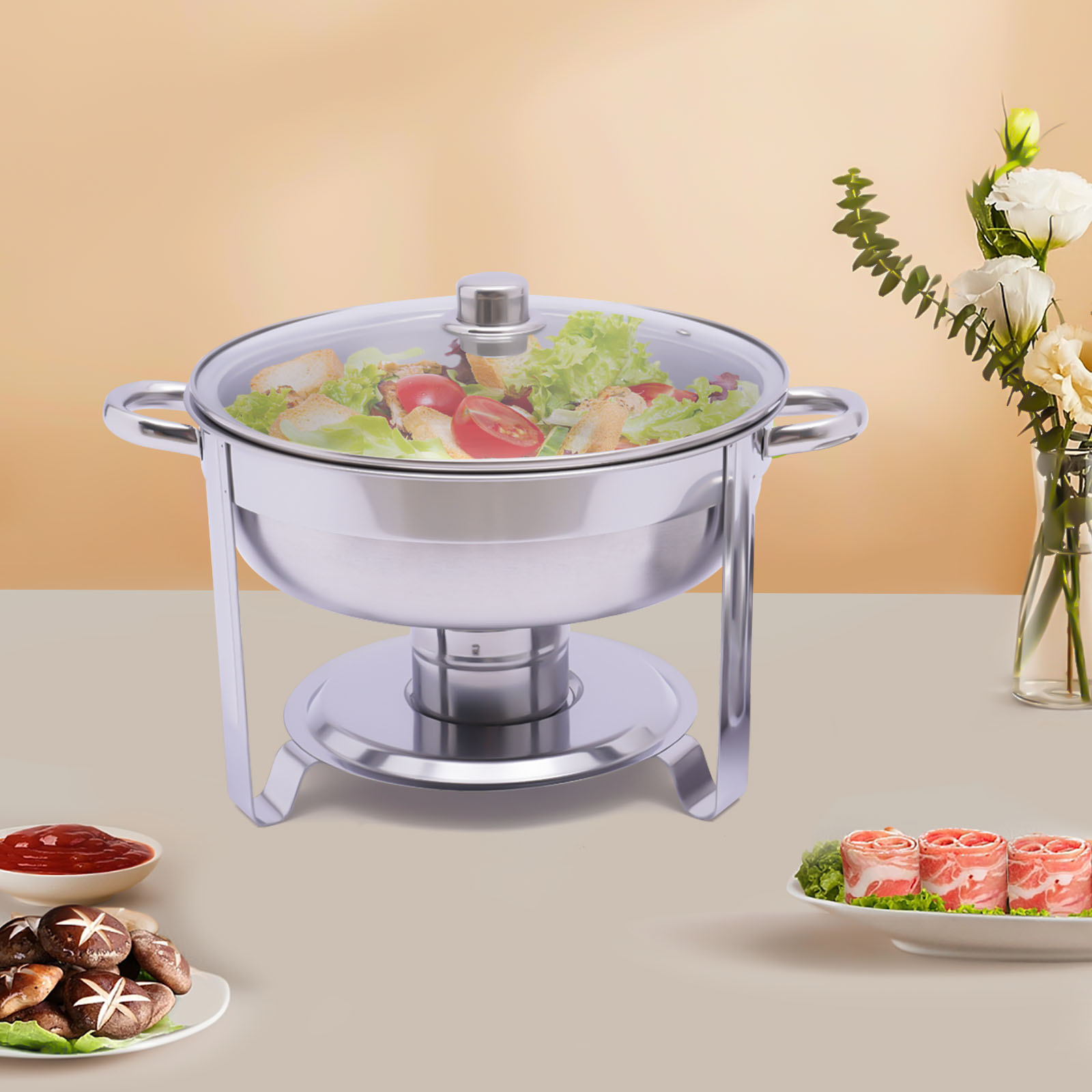 3,5 l Edelstahl-Buffetwärmer-Set mit Deckel, Speisenwärmer, rund, 42 x 30 cm