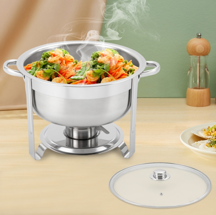 Runder Esstischkocher aus Edelstahl, 8.5 L, mit Glasdeckel, Doppelschüssel, geeignet für Buffets und Partys