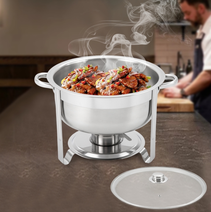 Runder Esstischkocher aus Edelstahl, 8.5 L, mit Glasdeckel, Doppelschüssel, geeignet für Buffets und Partys