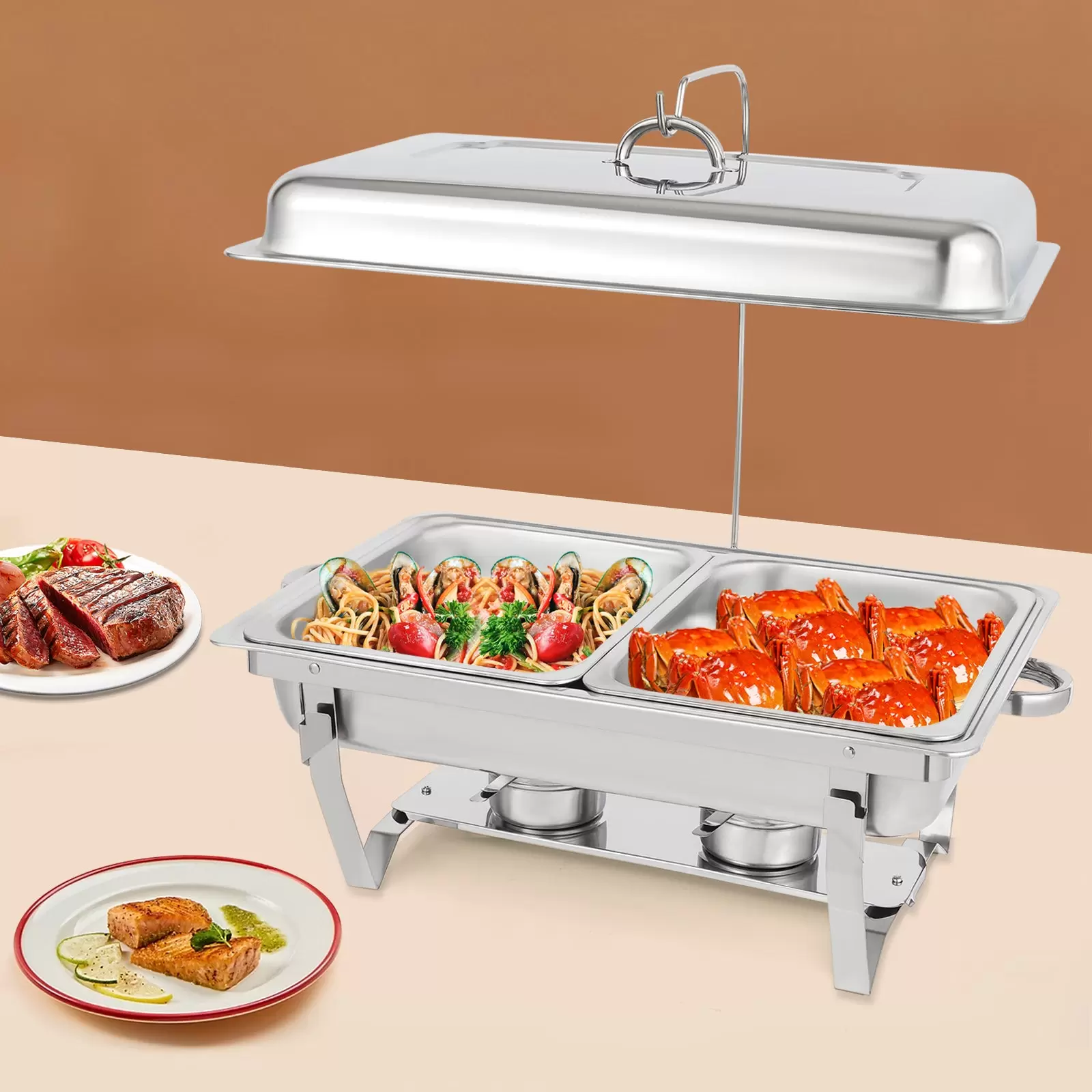 Buffet-Set aus Edelstahl mit klappbaren Ablagen, je 4,76 Liter, Silber