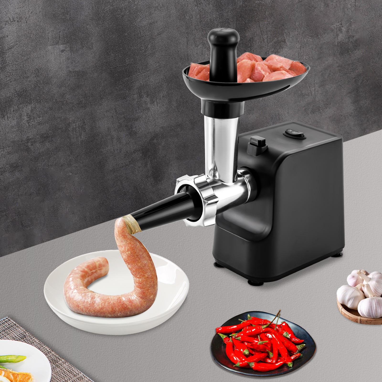 Elektrischer Fleischwolf 1000 W, mit Zubehör für Wurstmaschine, schwarz