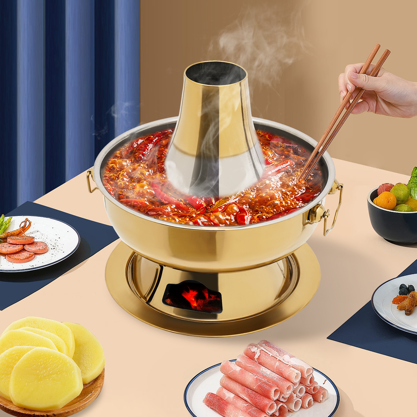 2,3 L Camping Herd Edelstahl Hot Pot Chinesischen Holzkohle Eintopf Chinesischen Fleisch Fondue