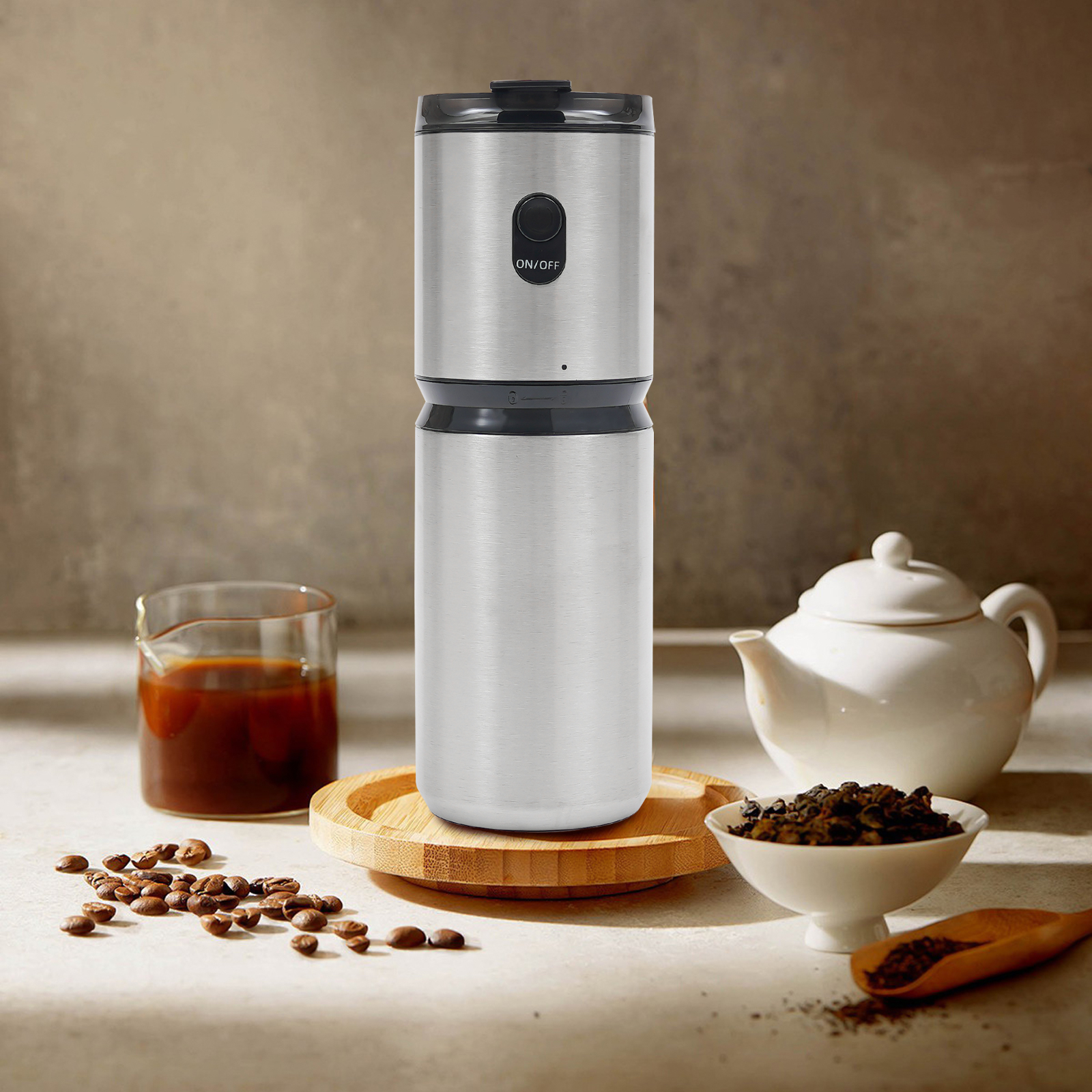 Elektrische, tragbare Kaffeemühle, Edelstahlbecher für unterwegs, 60 U/min, 355 ml Fassungsvermögen