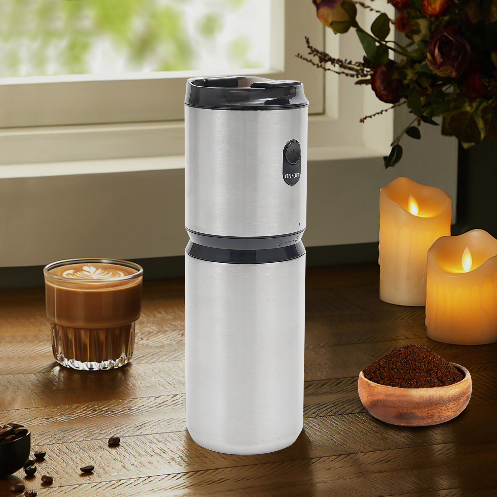 Elektrische, tragbare Kaffeemühle, Edelstahlbecher für unterwegs, 60 U/min, 355 ml Fassungsvermögen Elektrische, tragbare Kaffeemühle, Edelstahlbecher für unterwegs, 60 U/min, 355 ml Fassungsvermögen