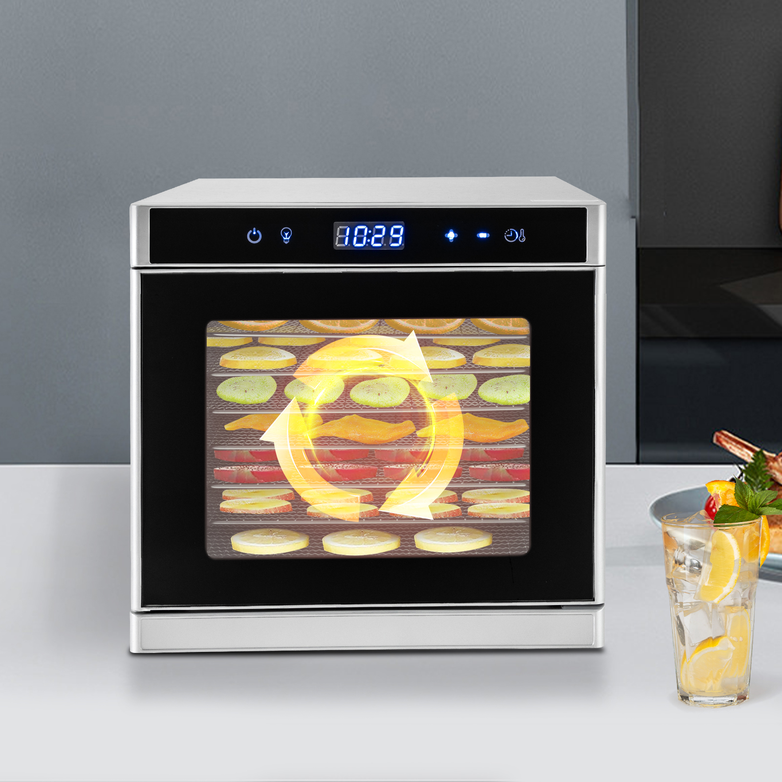 Automatischer Dörrautomat aus Edelstahl, Dörrgerät (35-75°C), 700 W, 8 Stufen, Dörrgerät mit 24-Stunden-Timer
