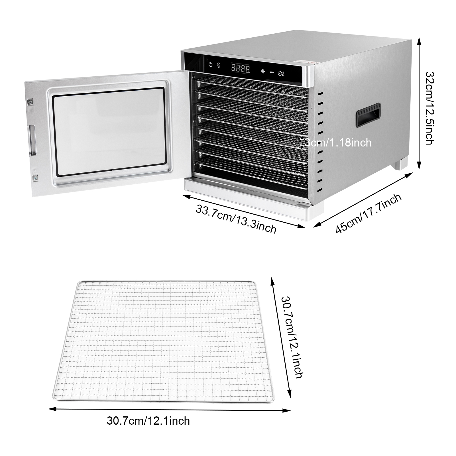 Automatischer Dörrautomat aus Edelstahl, Dörrgerät (35-75°C), 700 W, 8 Stufen, Dörrgerät mit 24-Stunden-Timer