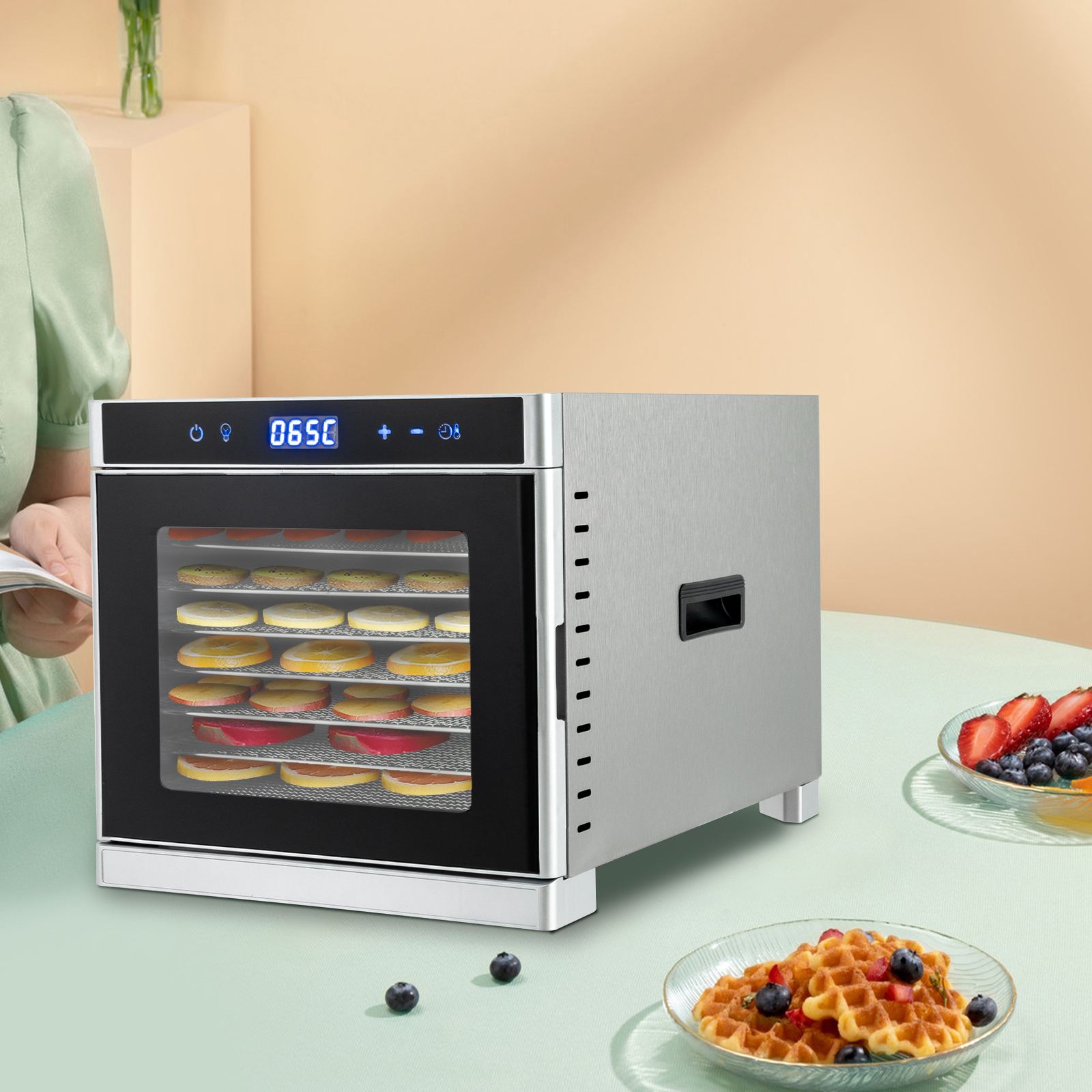 Automatischer Dörrautomat aus Edelstahl, Dörrgerät (35-75°C), 700 W, 8 Stufen, Dörrgerät mit 24-Stunden-Timer