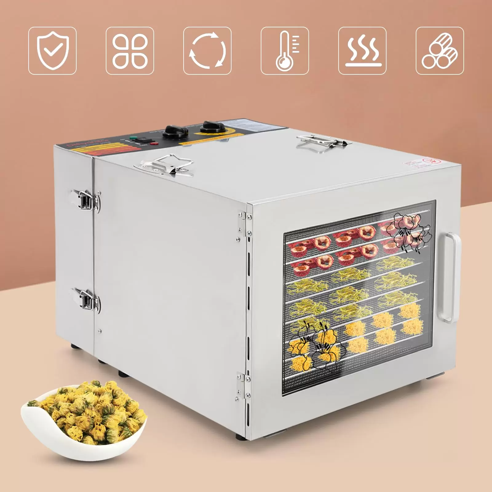 Dörrapparat Dörrautomat 1000W 10 Tray Obsttrockner Gemüsetrockner Edelstahl 35-75°C 220V mit Timer