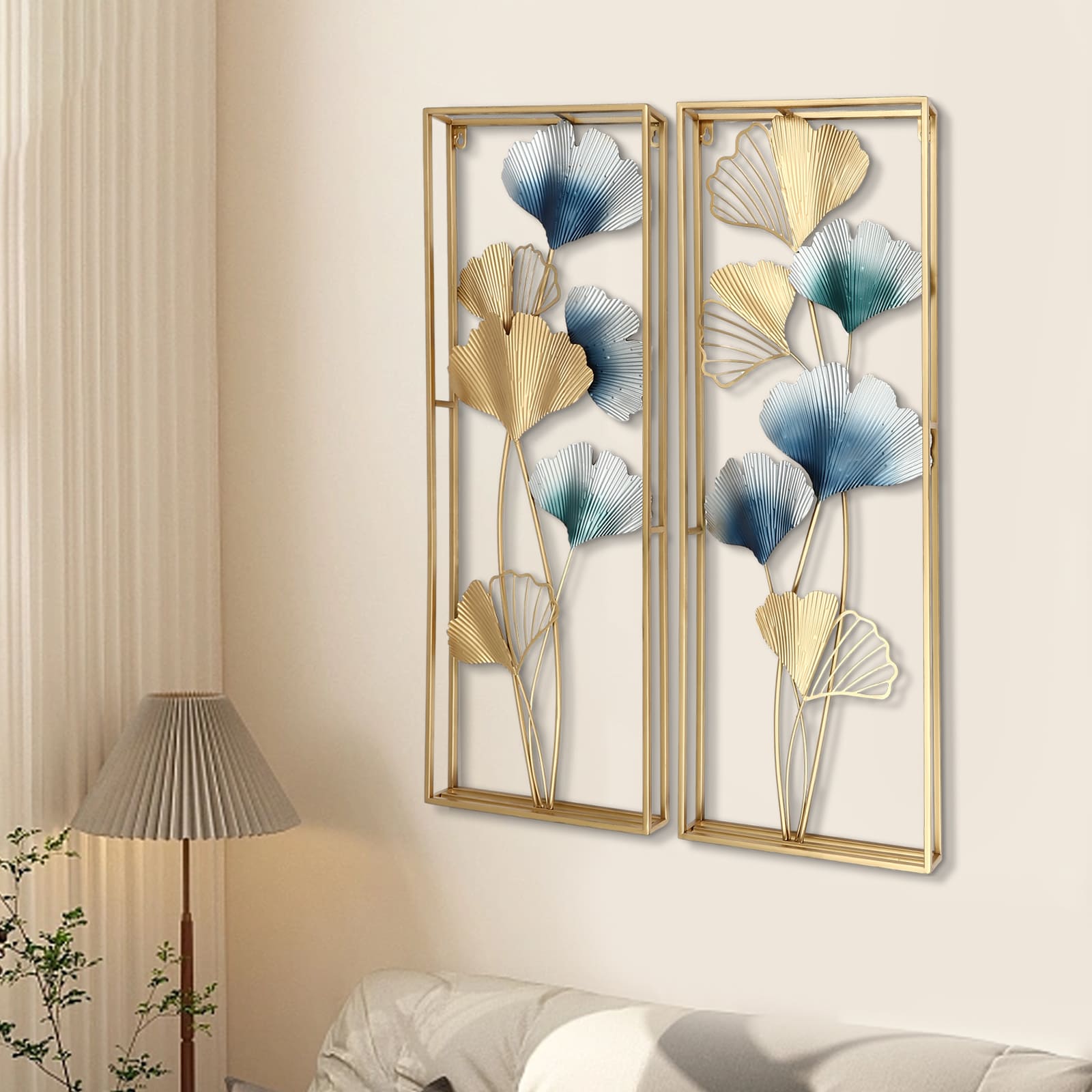 2er Set 3D Gingko Metall Wandkunst, Metall Wanddekoration mit Rahmen, für Wohnzimmer 2er Set 3D Gingko Metall Wandkunst, Metall Wanddekoration mit Rahmen, für Wohnzimmer