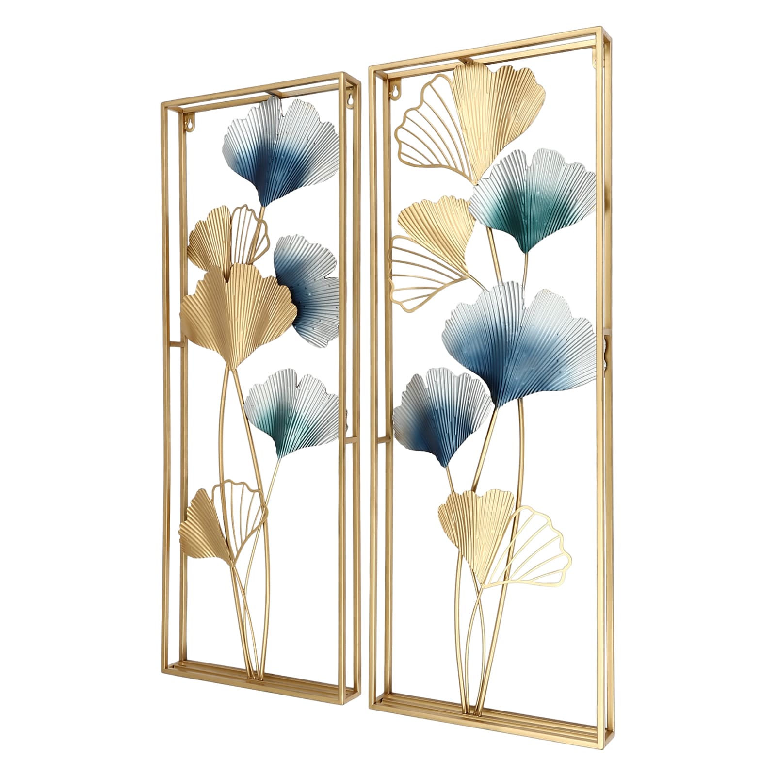 2er Set 3D Gingko Metall Wandkunst, Metall Wanddekoration mit Rahmen, für Wohnzimmer