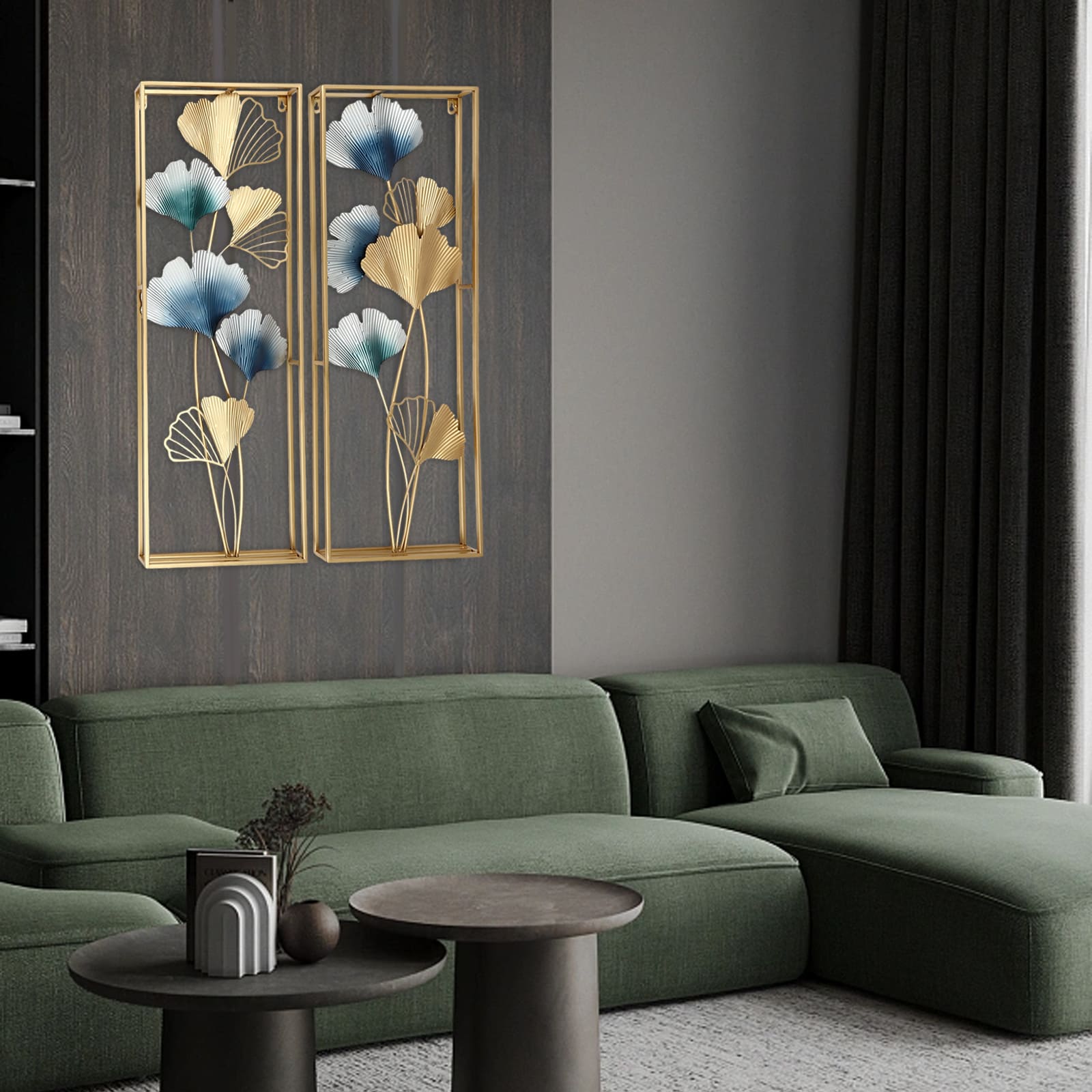 2er Set 3D Gingko Metall Wandkunst, Metall Wanddekoration mit Rahmen, für Wohnzimmer 2er Set 3D Gingko Metall Wandkunst, Metall Wanddekoration mit Rahmen, für Wohnzimmer