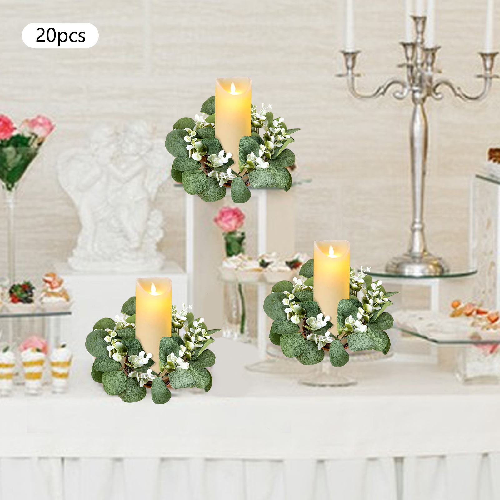20 Stück Hochzeitskerzenringe, grüne Eukalyptusblattkränze, künstliche Blätterkerzenringe 20 Stück Hochzeitskerzenringe, grüne Eukalyptusblattkränze, künstliche Blätterkerzenringe