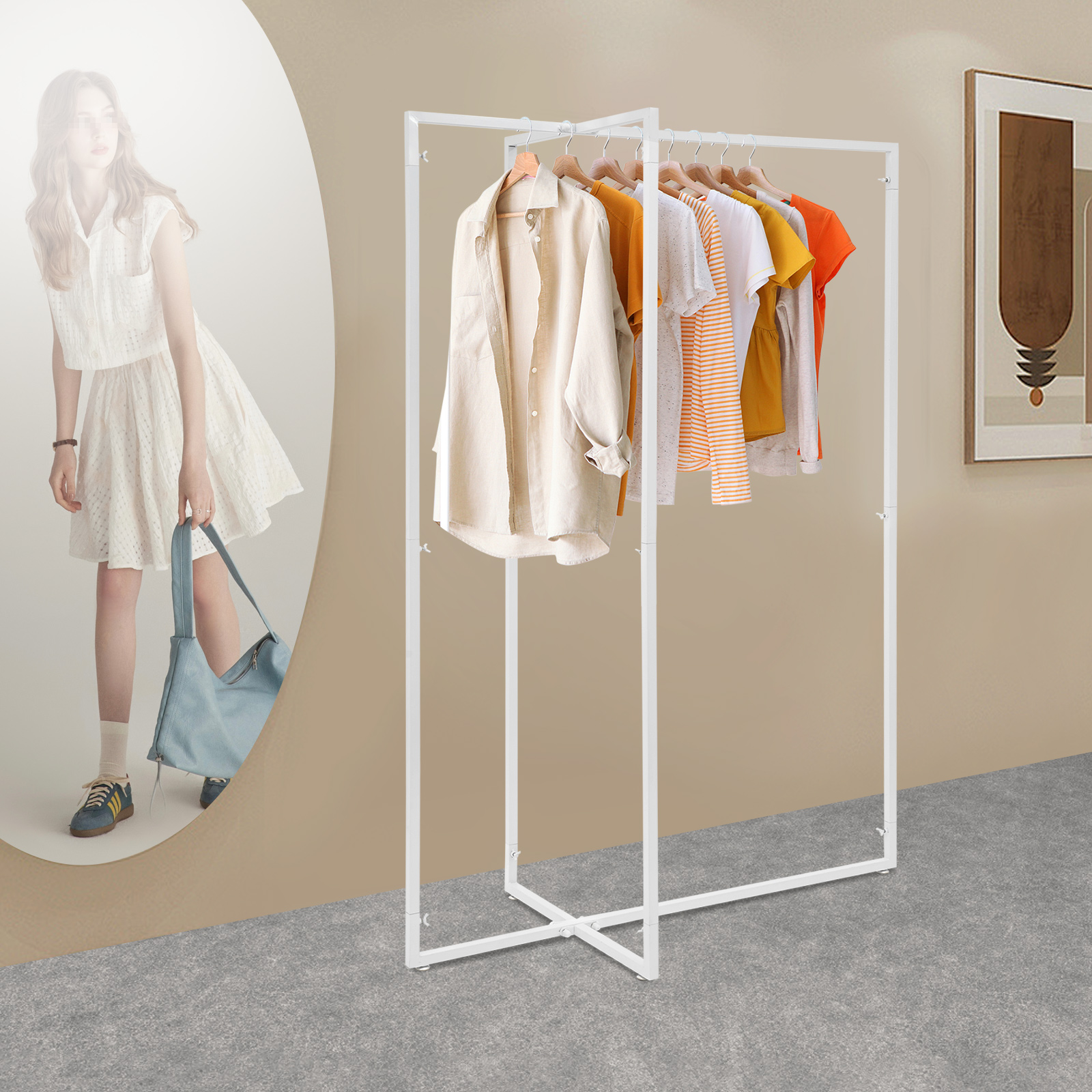 Kruis kledingrek, kleding display rail, vrijstaande kledingrek Kruis kledingrek, kleding display rail, vrijstaande kledingrek