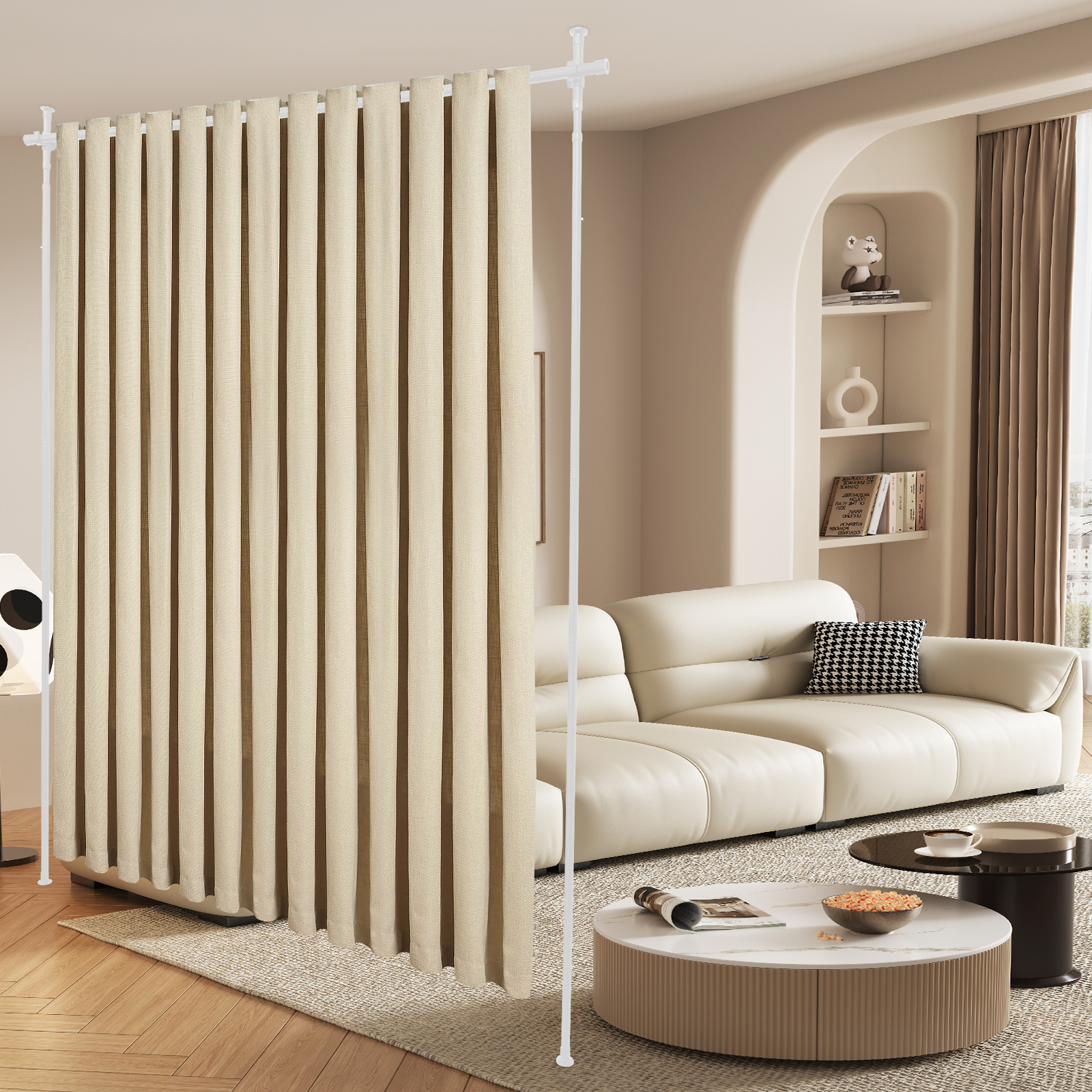 Gardinenstange für Trennwände (ohne Bohren), ausziehbare Gardinenstange, freistehende Garderobe (ohne Gardine) – weiße Stange