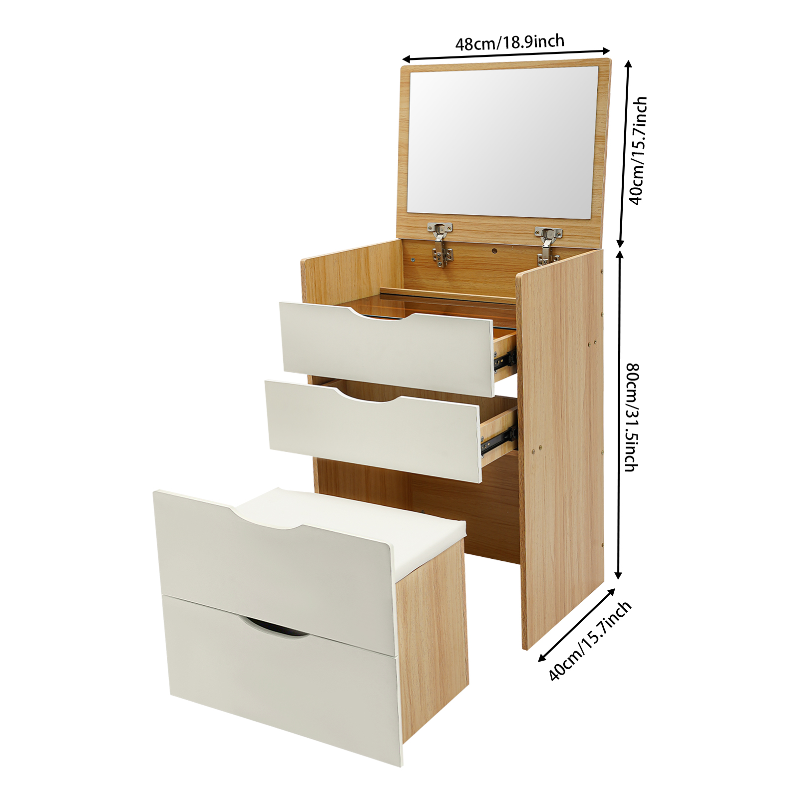 48 cm Schminktisch, Schminktisch mit Hocker, Schminktisch – Klappspiegel – Holz + Cremeweiß