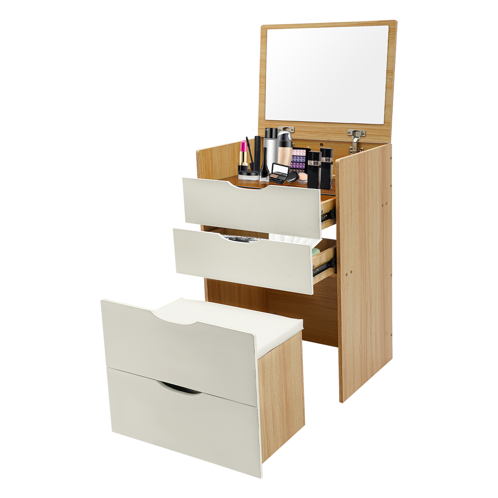 Coiffeuse 48 cm, coiffeuse avec tabouret de maquillage, coiffeuse - Miroir rabattable - Bois + Blanc crème