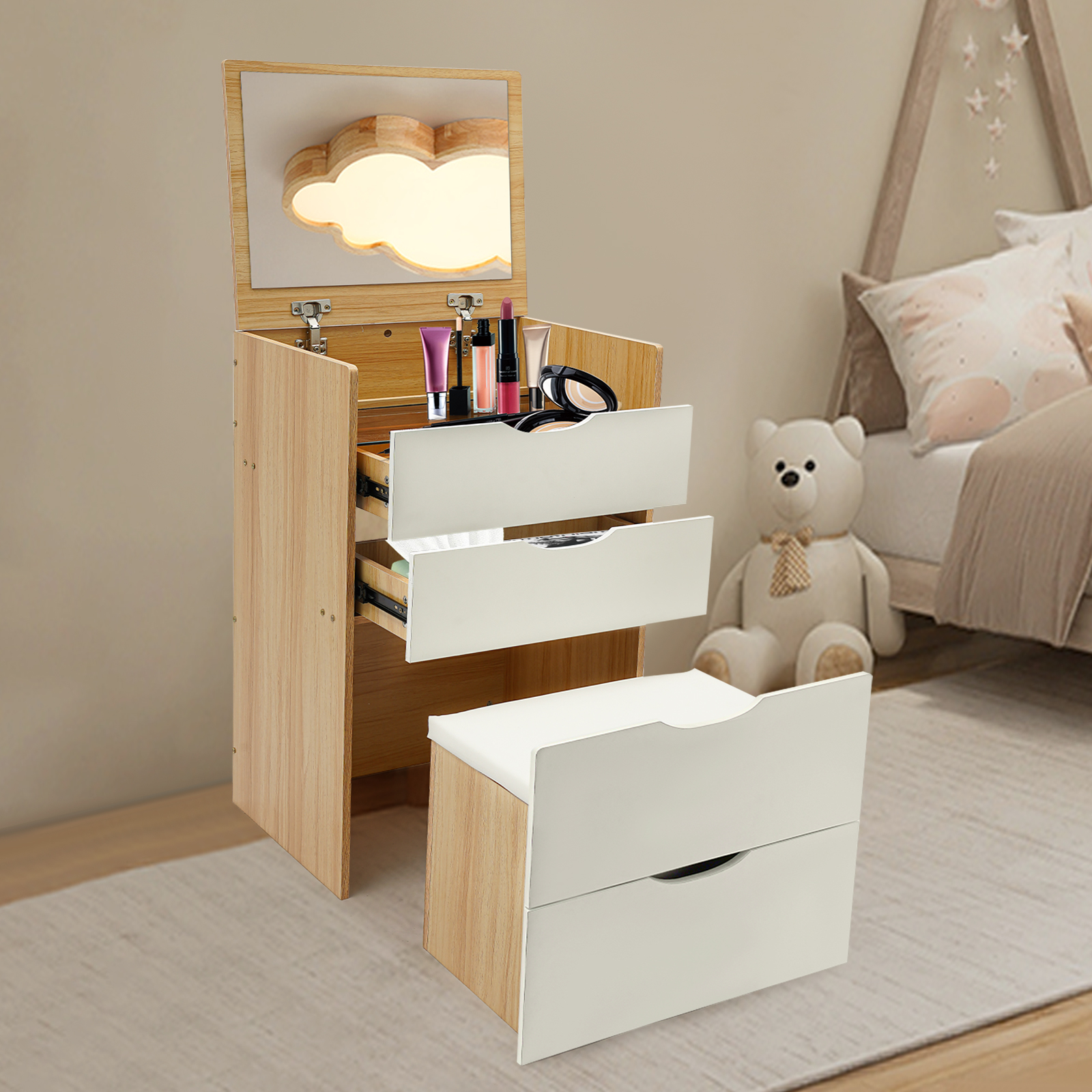 Coiffeuse 48 cm, coiffeuse avec tabouret de maquillage, coiffeuse - Miroir rabattable - Bois + Blanc crème