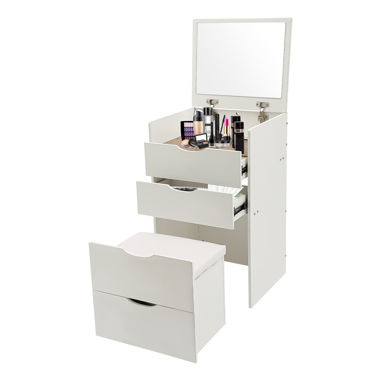 Coiffeuse 48 cm avec tabouret de maquillage - Miroir rabattable - Blanc crème