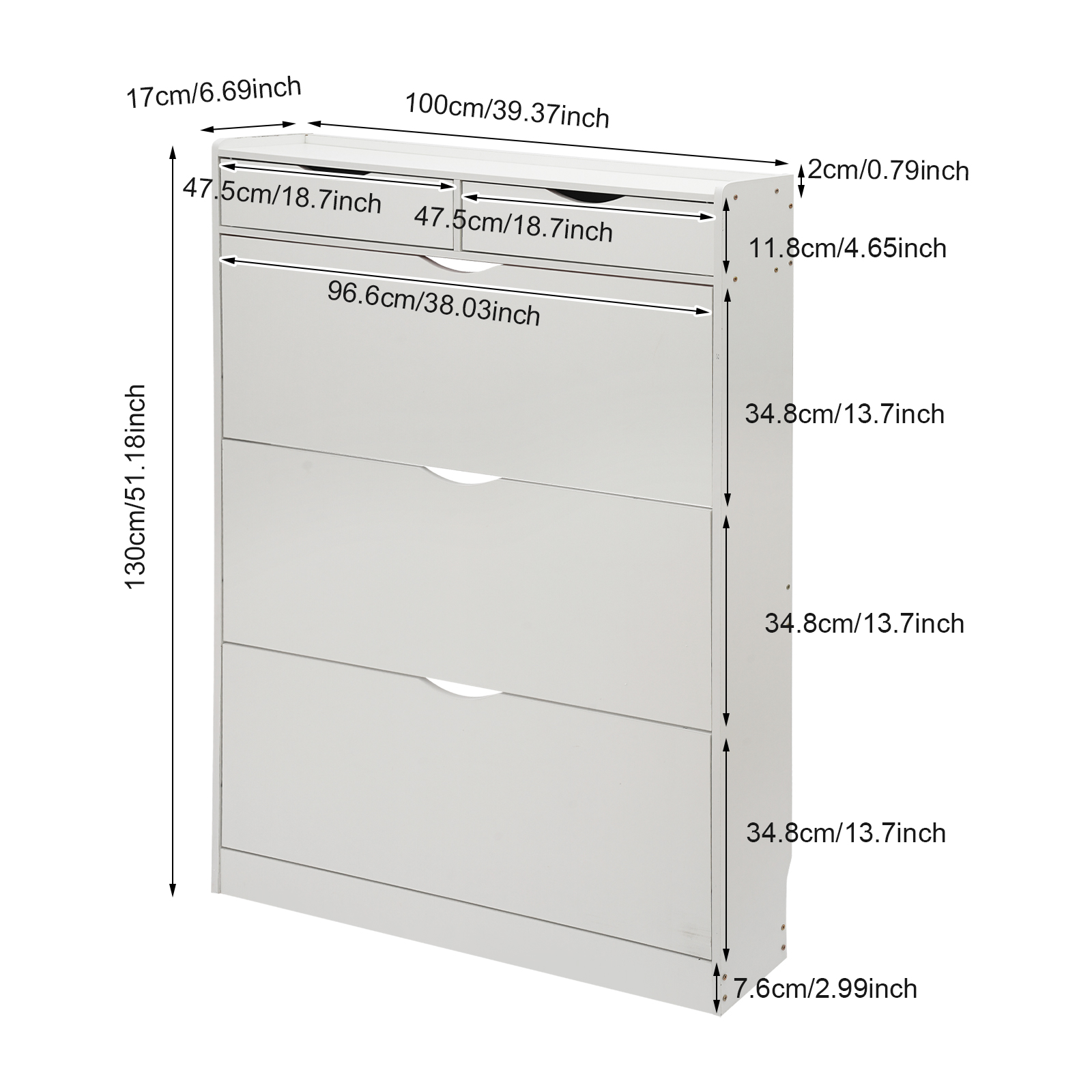 Weißer Schuhschrank mit Klappe, drei Schubladen mit Fächern, 100 cm, Doppelschublade