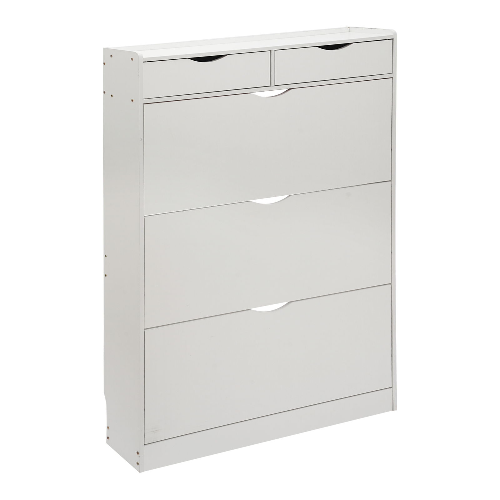 Weißer Schuhschrank mit Klappe, drei Schubladen mit Fächern, 100 cm, Doppelschublade