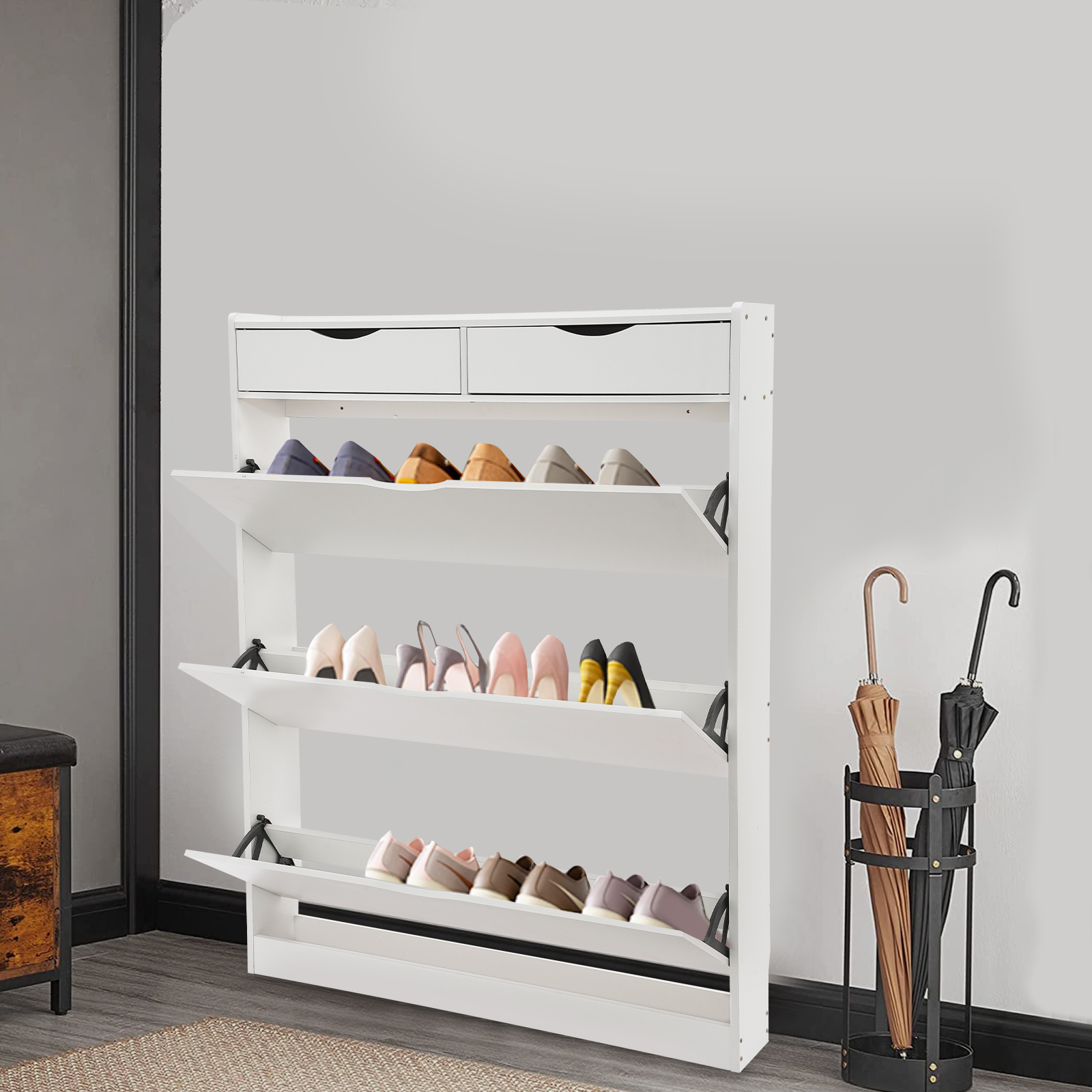 Weißer Schuhschrank mit Klappe, drei Schubladen mit Fächern, 100 cm, Doppelschublade