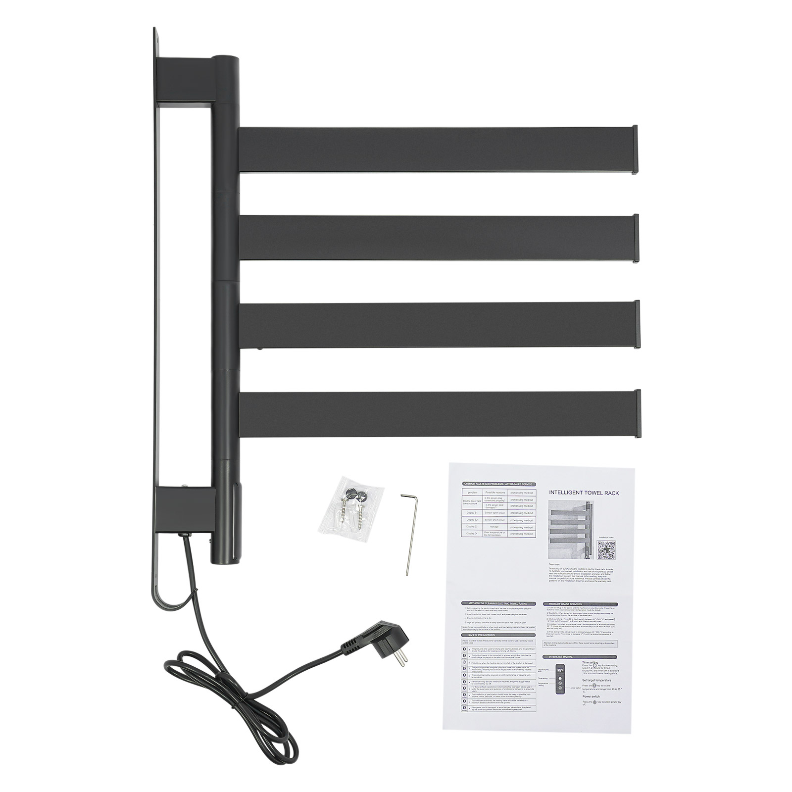 4-tray Black Heated Towel Rail, Electric Towel Warmer, Electric Towel Warmer made of Stainless Steel with 4 Bars