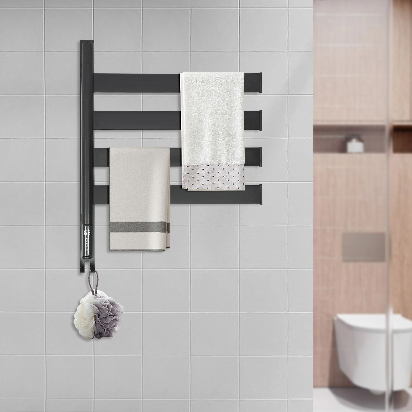 4-tray Black Heated Towel Rail, Electric Towel Warmer, Electric Towel Warmer made of Stainless Steel with 4 Bars
