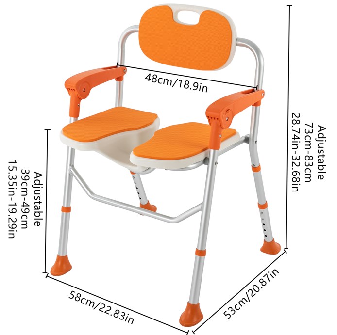 Duschstuhl, höhenverstellbar, mit Rückenlehne, Armlehnen, Badestuhl für ältere Menschen, Schwangere, Behinderte (Orange)