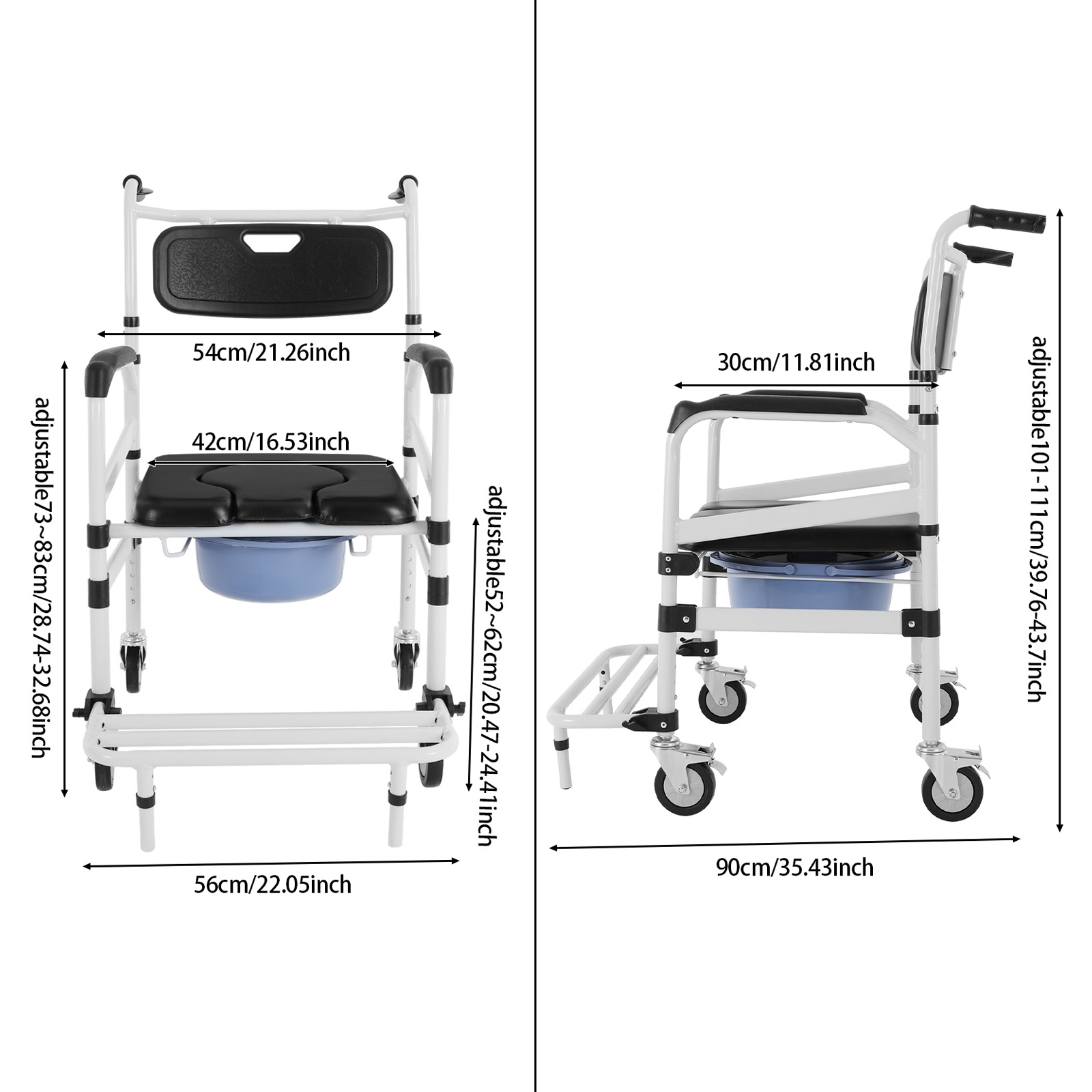 Dusch- und Toilettenrollstuhl, Nachttisch-Toilettenstuhl mit Armlehnen, tragbarer Duschrollstuhl mit Rollen – Schwarz, Silber