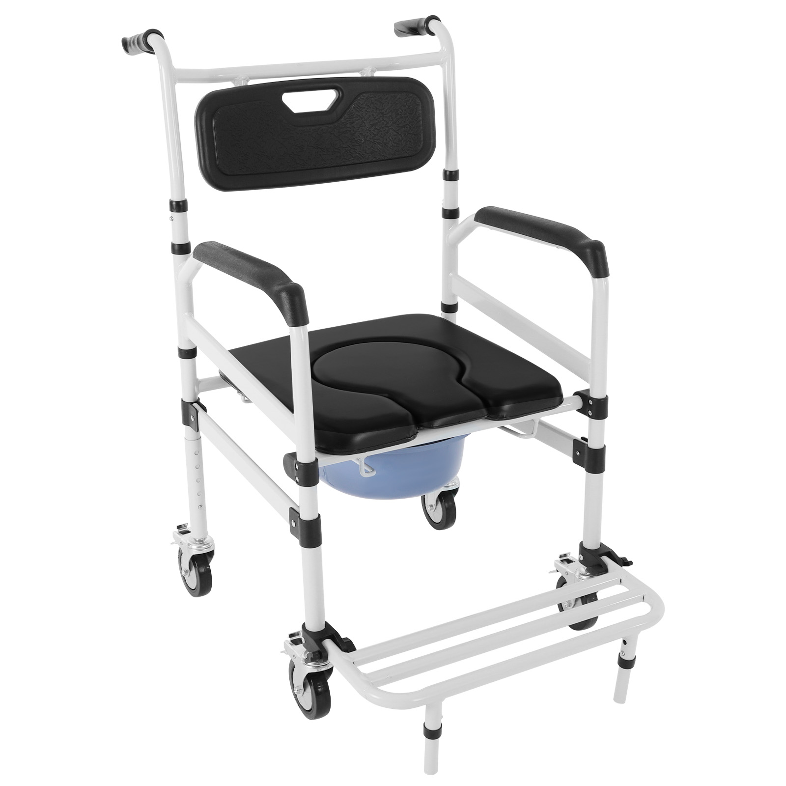 Dusch- und Toilettenrollstuhl, Nachttisch-Toilettenstuhl mit Armlehnen, tragbarer Duschrollstuhl mit Rollen – Schwarz, Silber