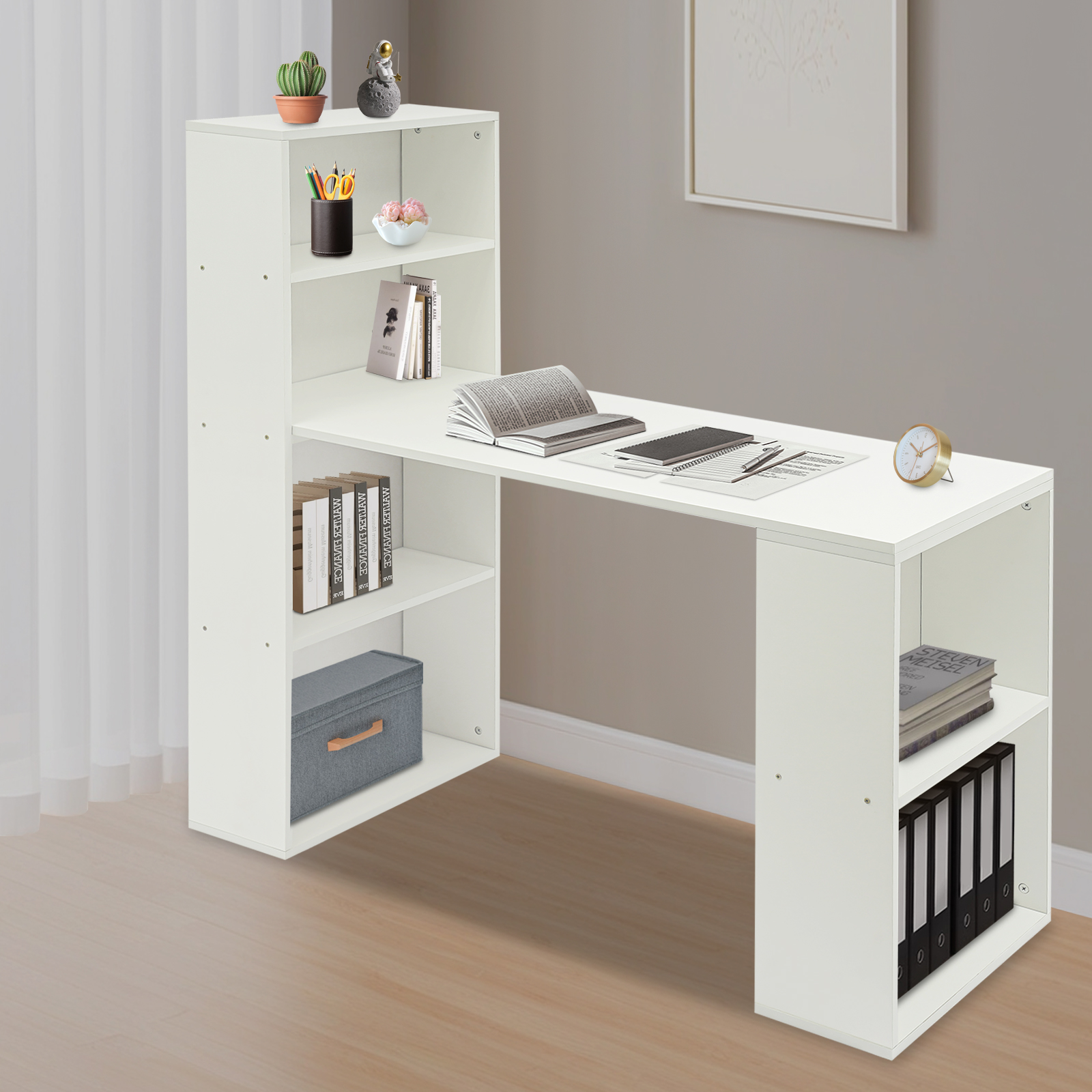 Escritorio de 120 cm con estantes, escritorio moderno para computadora con estantes, escritorio de oficina con estantería - Blanco