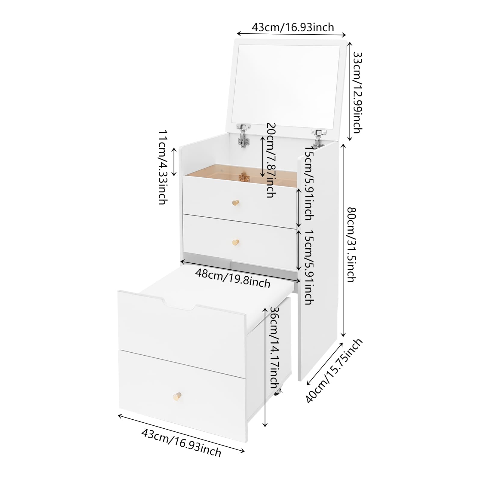 Dressing table small size flip-top - with mirror,Makeup Desk with Mirror, Compact Dressing Table, Small Make Up Table